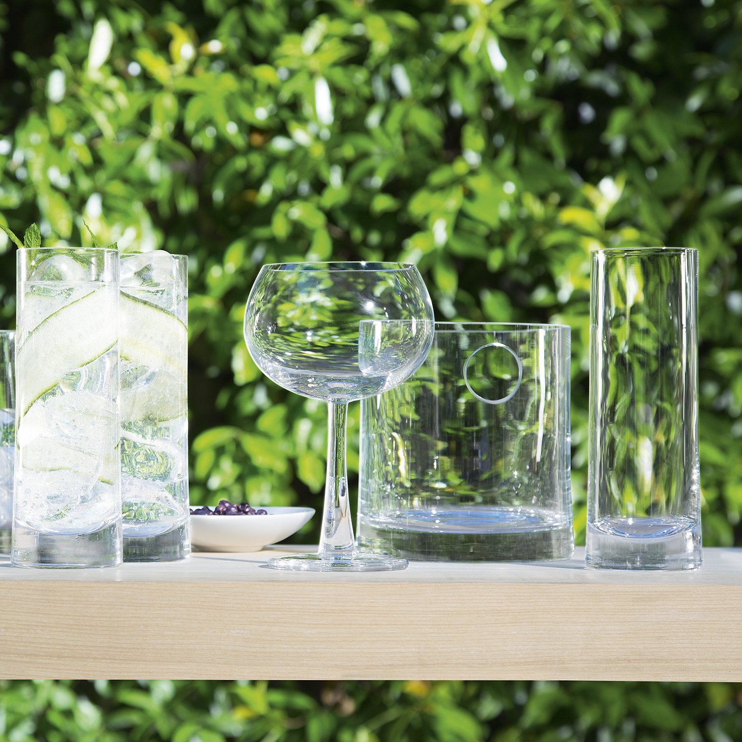 Premium LSA Gin Drinking Set - 4 Clear Balloon & Highball Glasses with Ice Bucket | Handcrafted Mouth-Blown Barware with Flared Stem & Base | Perfect for Cocktail Parties & Home Entertaining