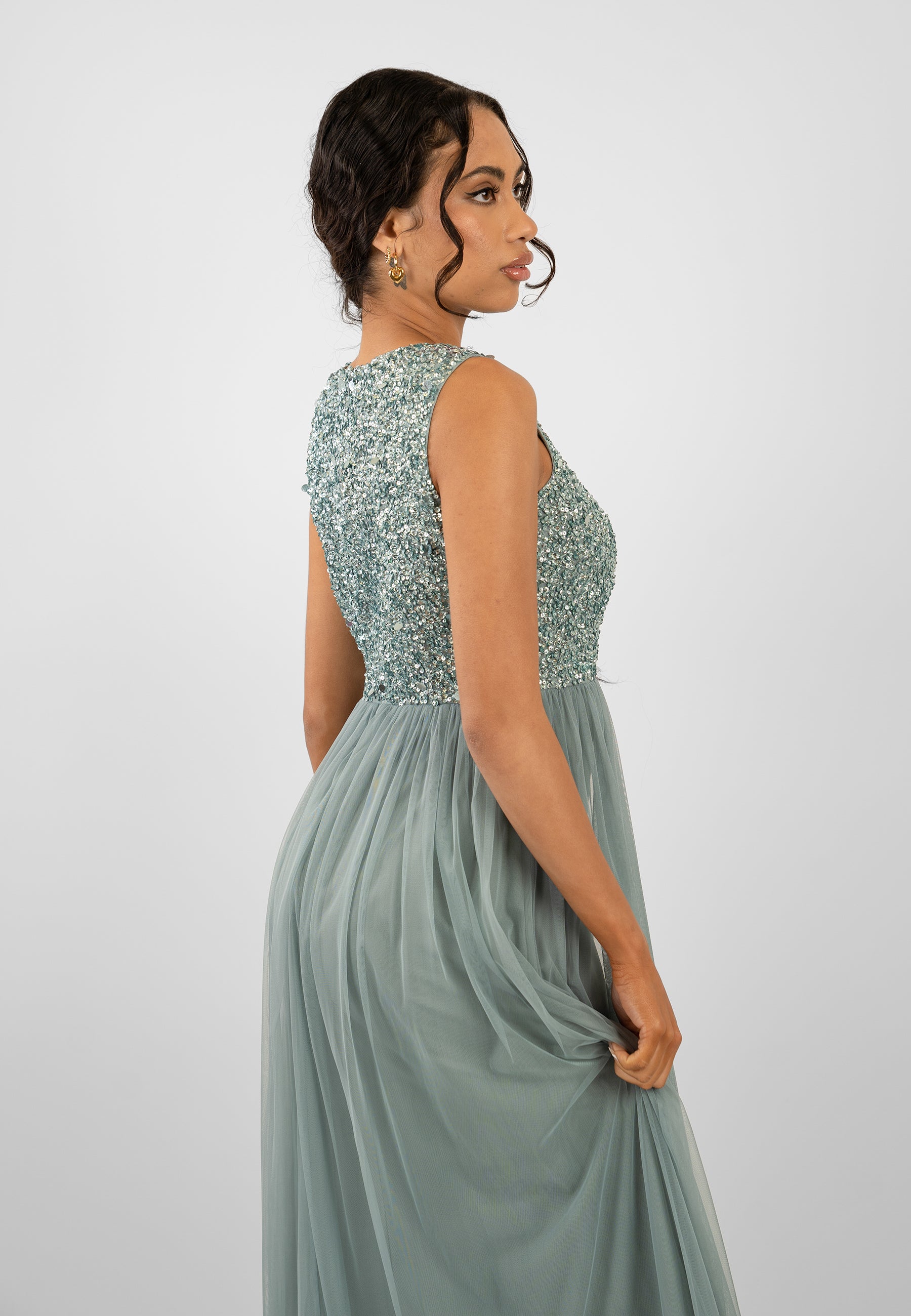 Elegant Picasso Teal Embellished Bridesmaid Maxi Dress for Weddings & Formal Events - Perfect for Bridal Party & Evening Occasions