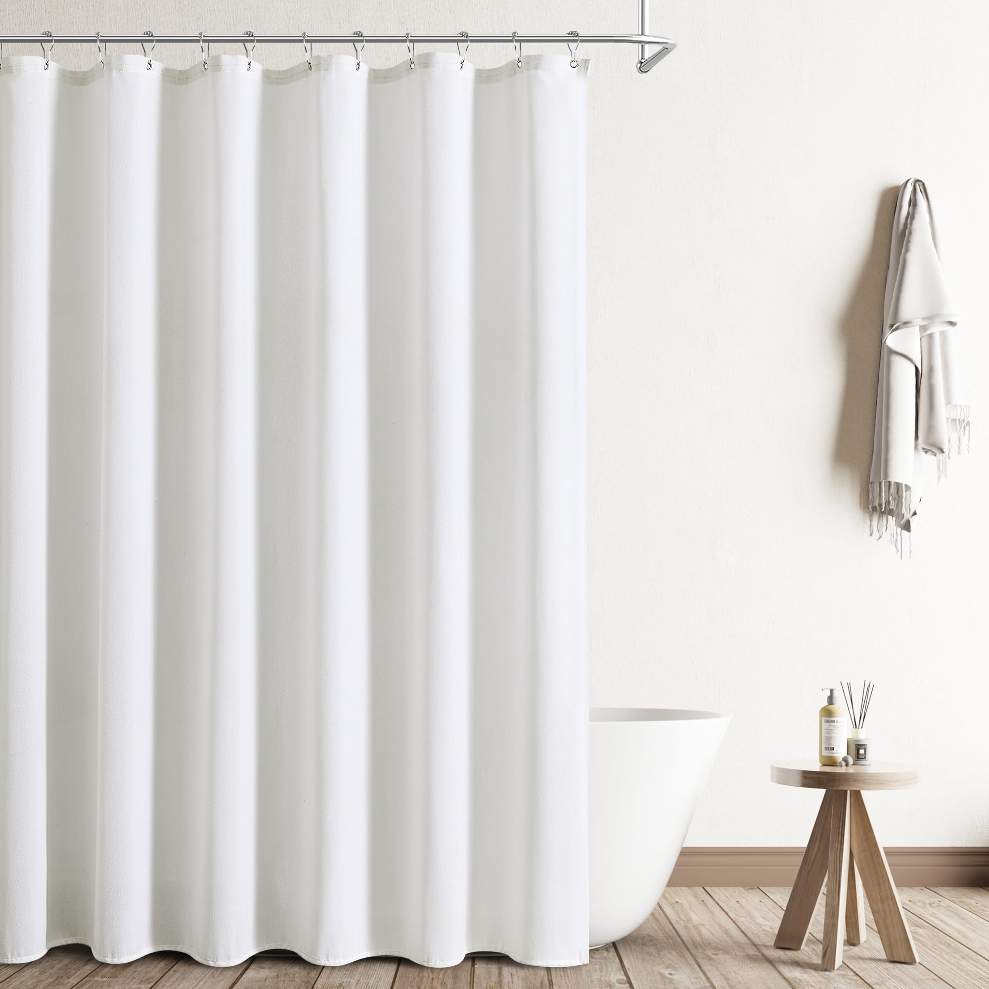 Naturoom White Linen Shower Curtain Set - 72x72 Inch Ultra Thick Water Repellent Fabric Bath Curtain with Hooks - Elegant Modern Farmhouse Style for Bathroom Decor - Perfect for Country, Rustic or Minimalist Home Design