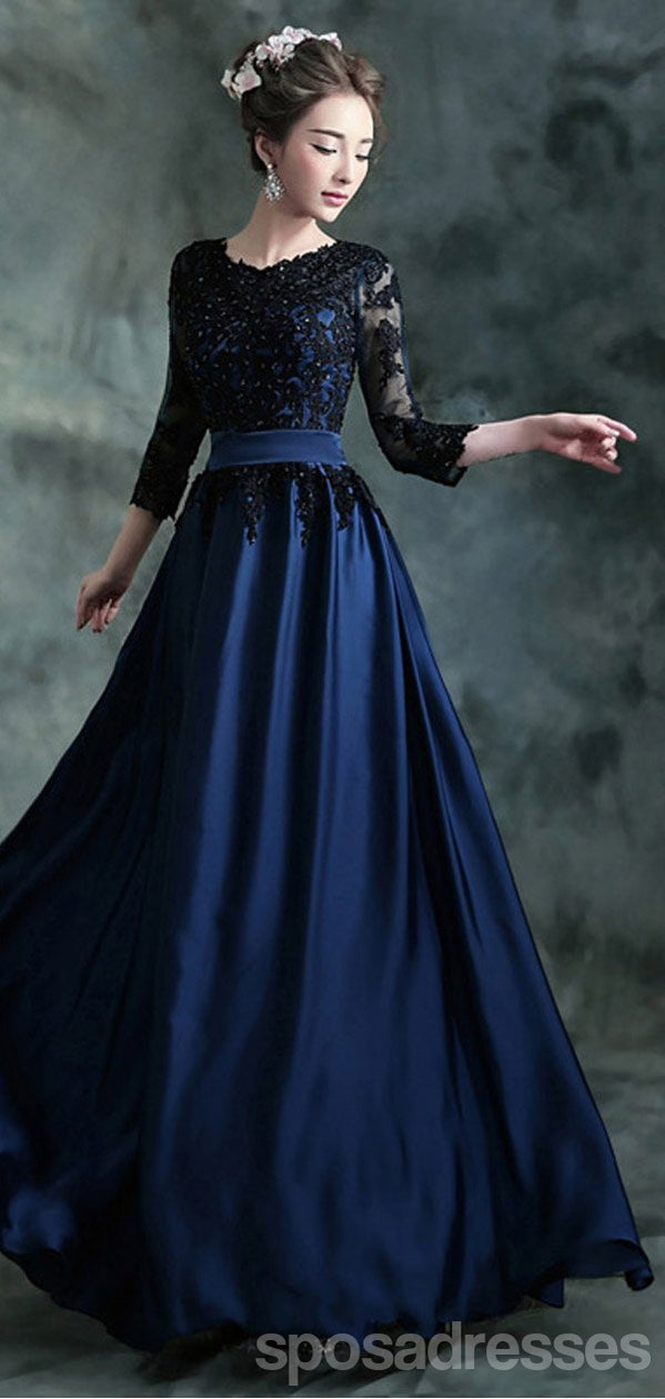 Elegant Navy Blue A-Line Jewel Neckline 3/4 Sleeve Long Prom Dress 12642 | Formal Evening Gown for Homecoming, Ball & Special Occasions