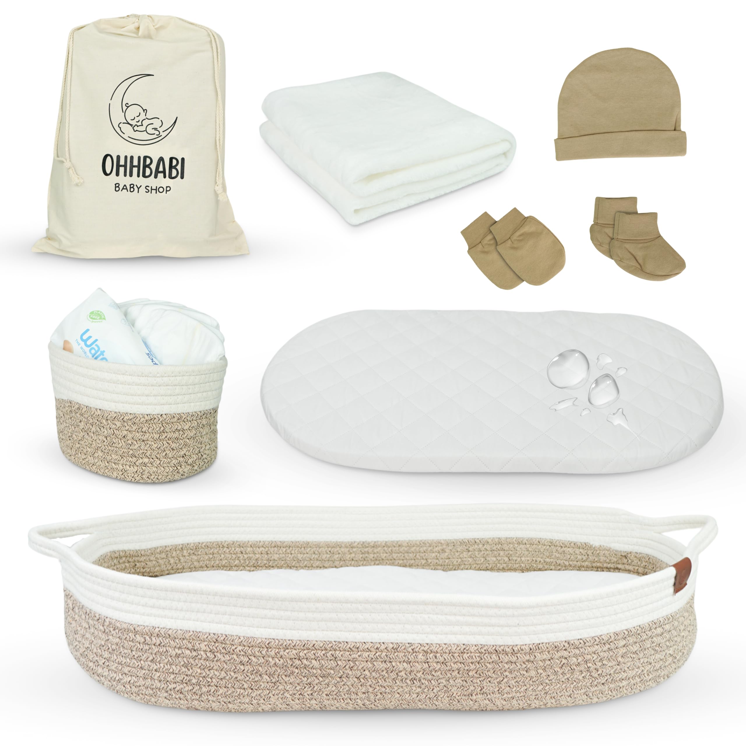 Organic Cotton Baby Changing Basket Set with Foam Pad & Waterproof Cover - Portable Diaper Caddy Organizer for Nursery Dresser - Natural Rope Diaper Changing Station (Beige) - Perfect for Newborn Care & Nursery Organization