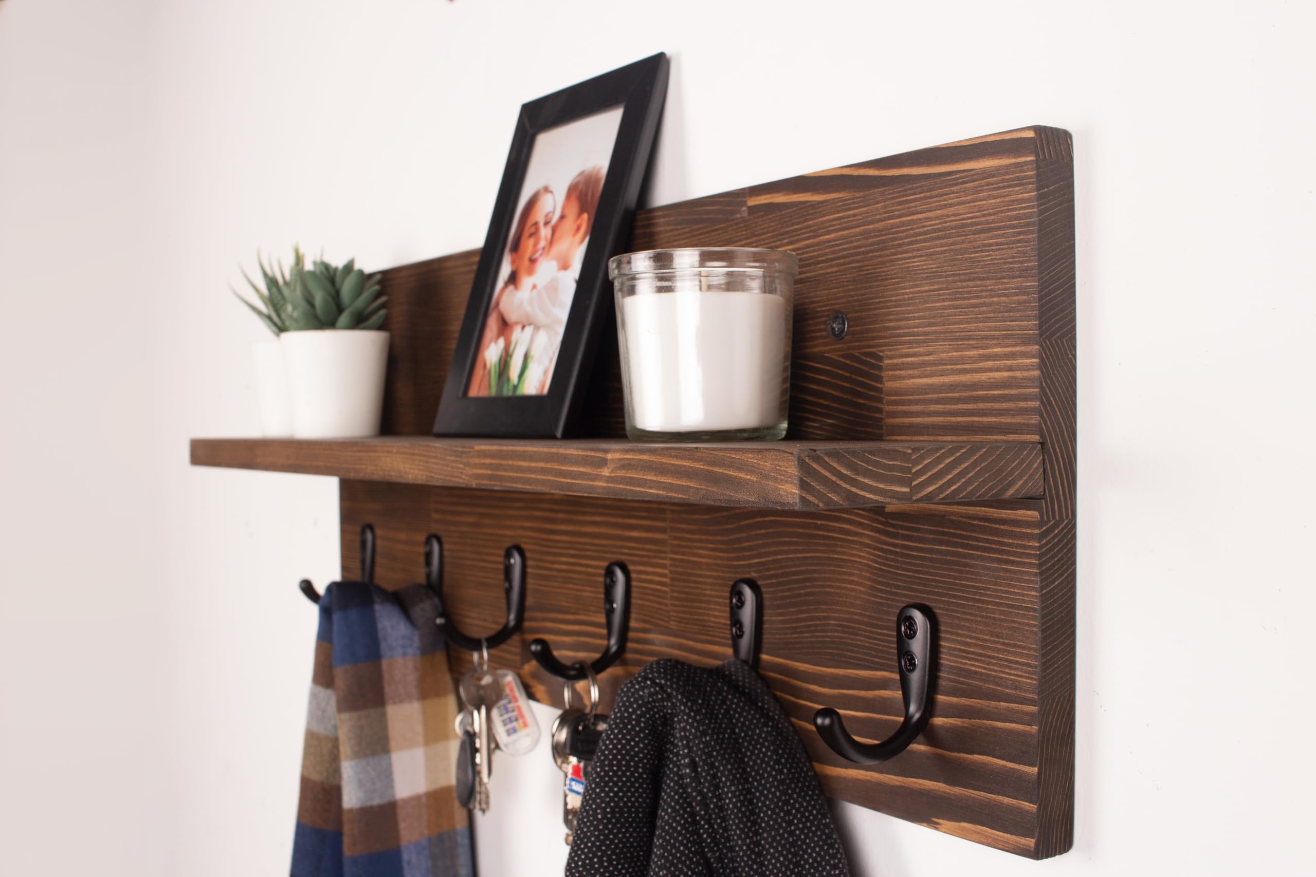 Rustic Wooden Coat Rack with Floating Shelf - 16
