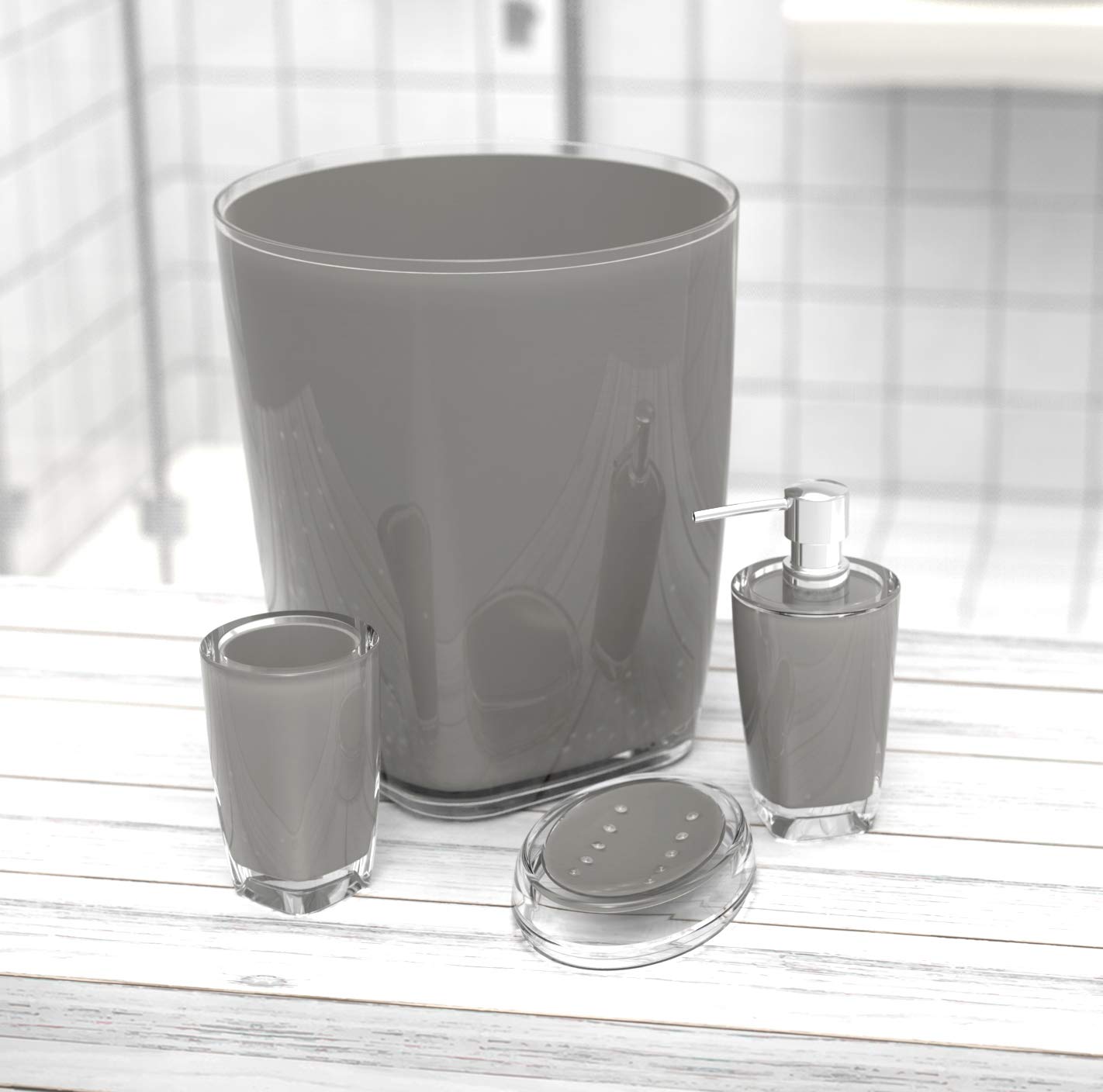 QG Modern Acrylic Plastic Bathroom Accessories Set - 4 Piece (Lotion Dispenser, Soap Dish, Tumbler, Trash Can) in Clear/Grey | Space-Saving Organizer for Bathroom Countertop, Shower & Vanity