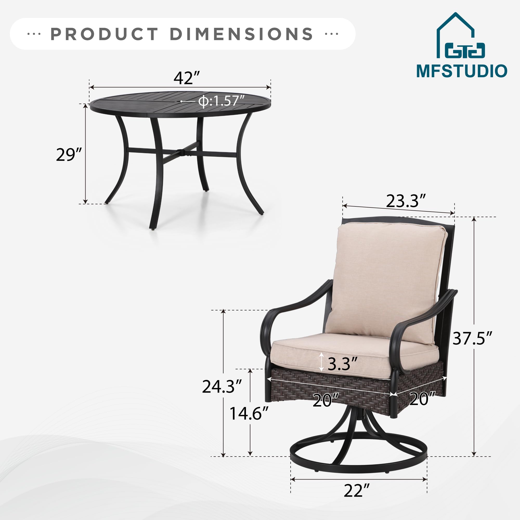 MFSTUDIO 5-Piece Outdoor Rattan Dining Set for 4 with Swivel Chairs, Round Patio Table & Metal High Back Chairs - Perfect for Backyard, Garden, and Poolside Entertaining