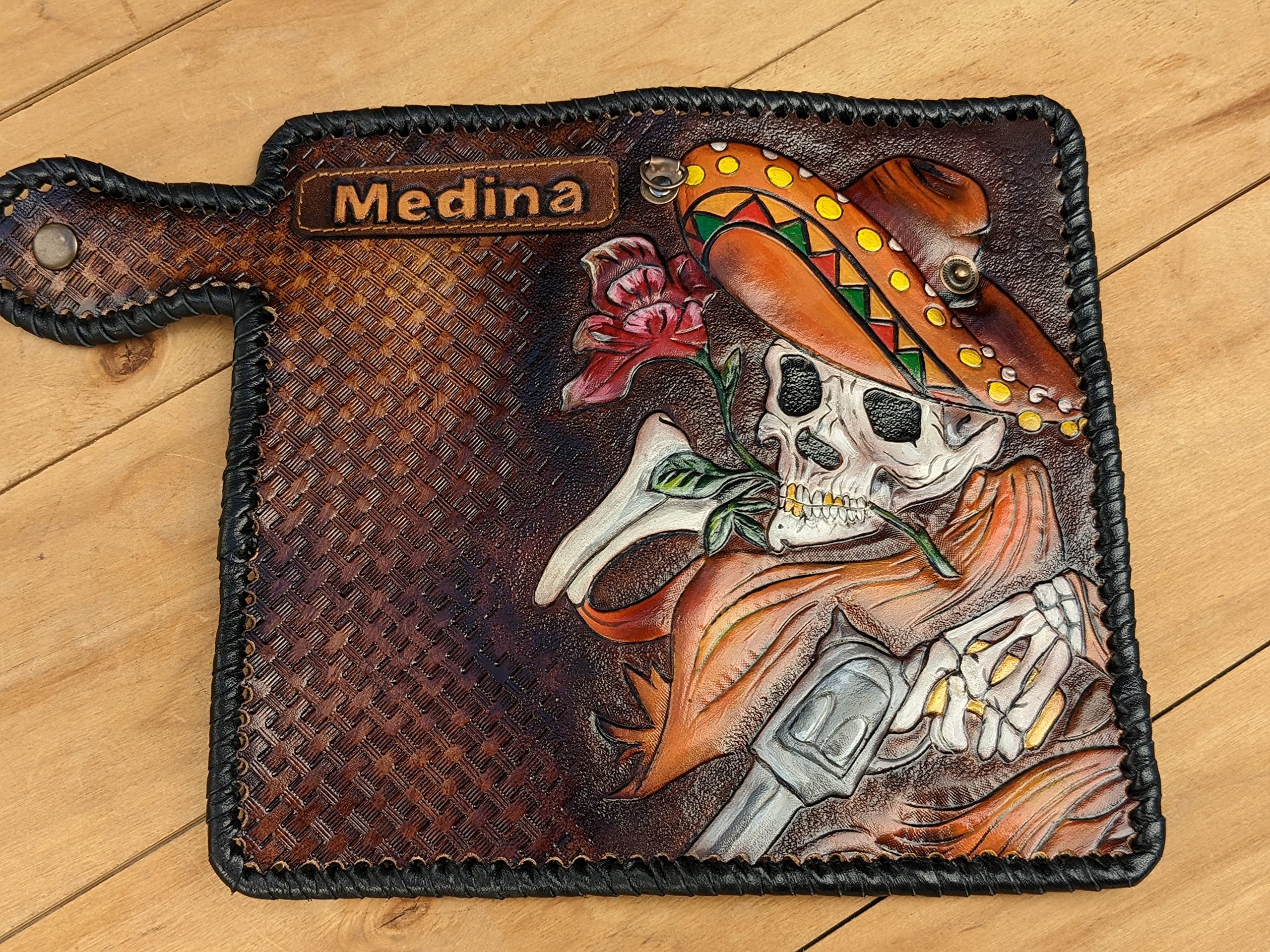 Handmade Mexican Sugar Skull 3D Genuine Leather Wallet for Men - Sombrero & Maracas Design, Long Biker Wallet with Airbrush Art, Custom Personalized Carved Skeleton Wallet - Perfect for Day of the Dead Gifts, Biker Accessories & Unique Fashion Statements