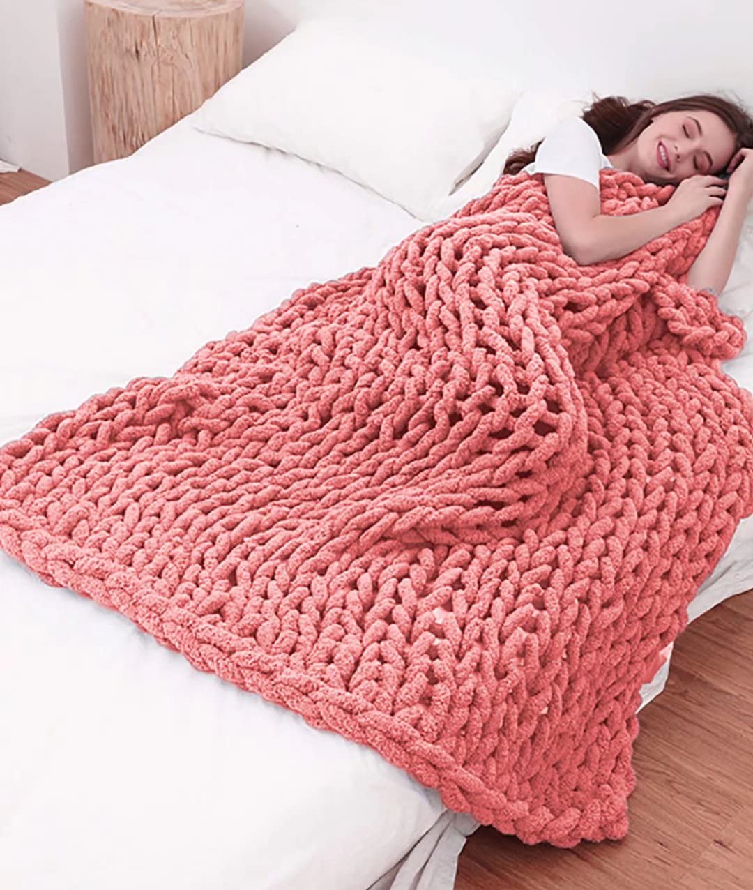 Luxury Chunky Knit Chenille Throw Blanket - Ultra Soft & Cozy Large Blanket for Couch, Sofa, Bed - Machine Washable Home Decor Gift (Blush, 31x31 Inches) - Perfect for Living Room, Bedroom & Winter Snuggling