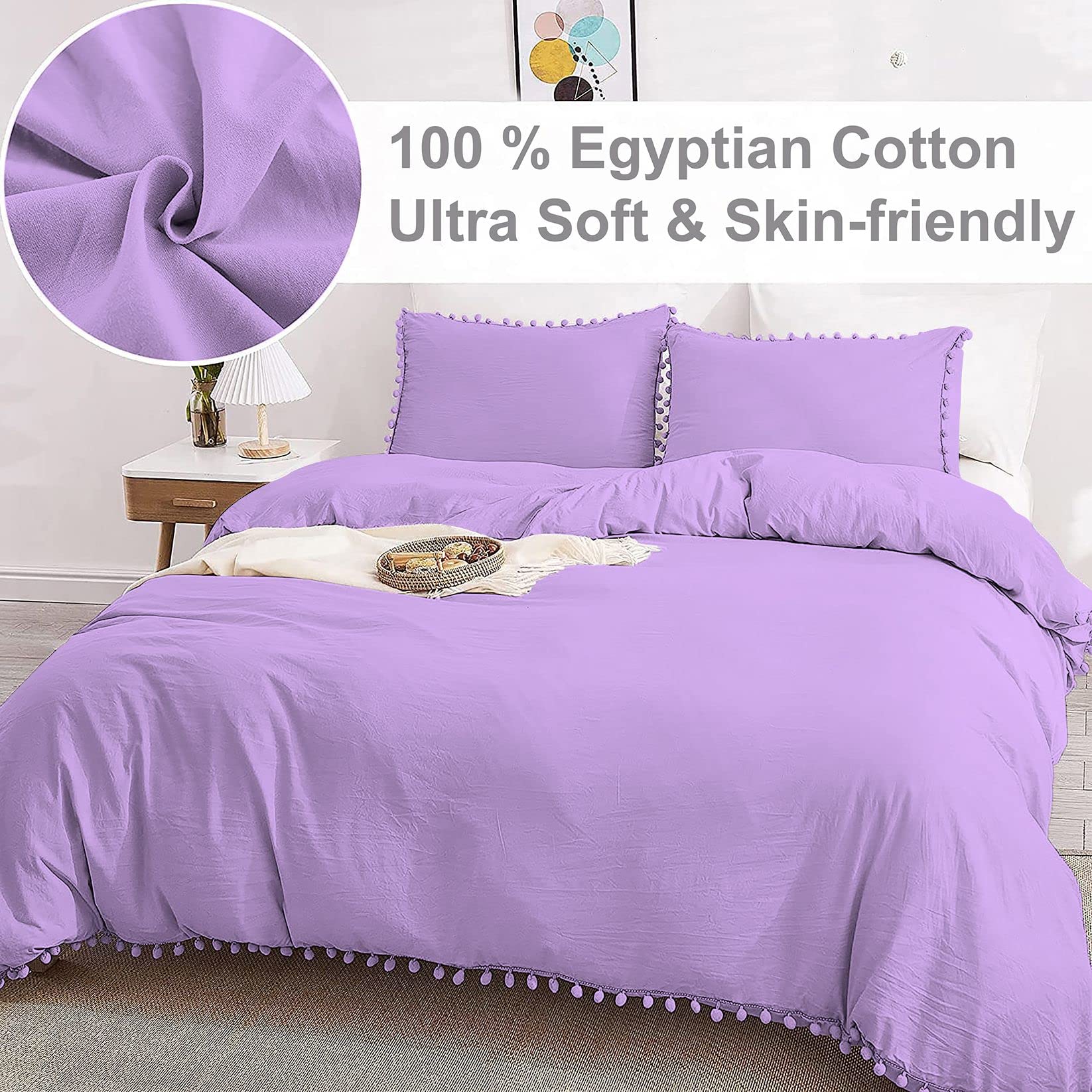 Modern Pom Fringe Duvet Cover Set - 3 Piece Bedding Set with Zipper Closure for Full/Queen Size Beds (Lilac) | Soft Down Comforter Cover for Cozy Bedrooms & Guest Rooms