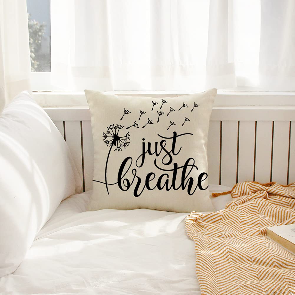 Farmhouse Pillow Covers 18x18 Inch - Rustic Home Decor with 'Just Breathe' Quote - Cozy Living Room Throw Pillow Cases for Sofa, Bedroom & Housewarming Gifts