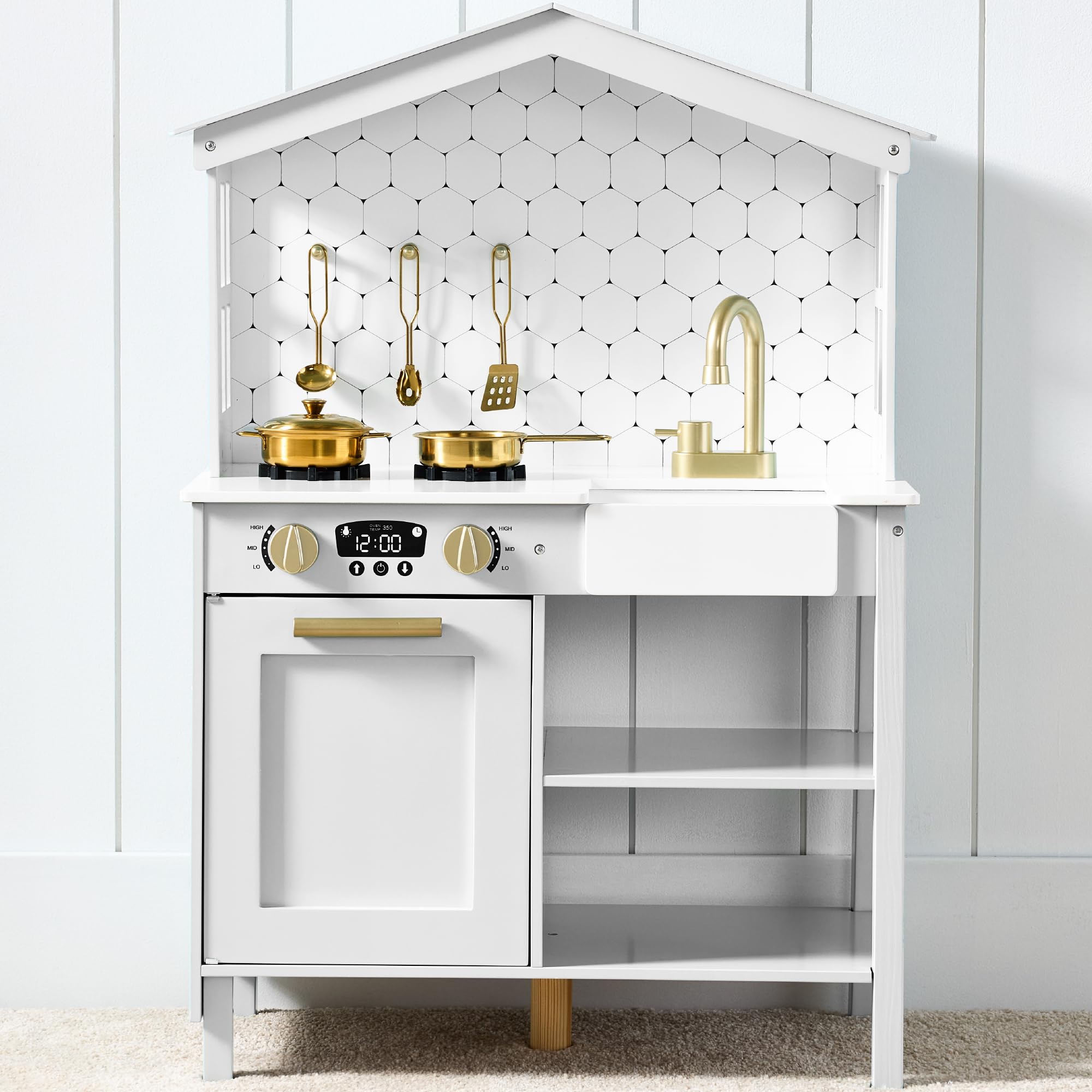Best Choice Products Wooden Farmhouse Pretend Play Kitchen Set for Kids - Toy Storage, Clicking Knobs, Windows & 5 Accessories - Beveled White | Perfect for Imaginative Play, Preschool Learning & Toddler Role-Playing Games