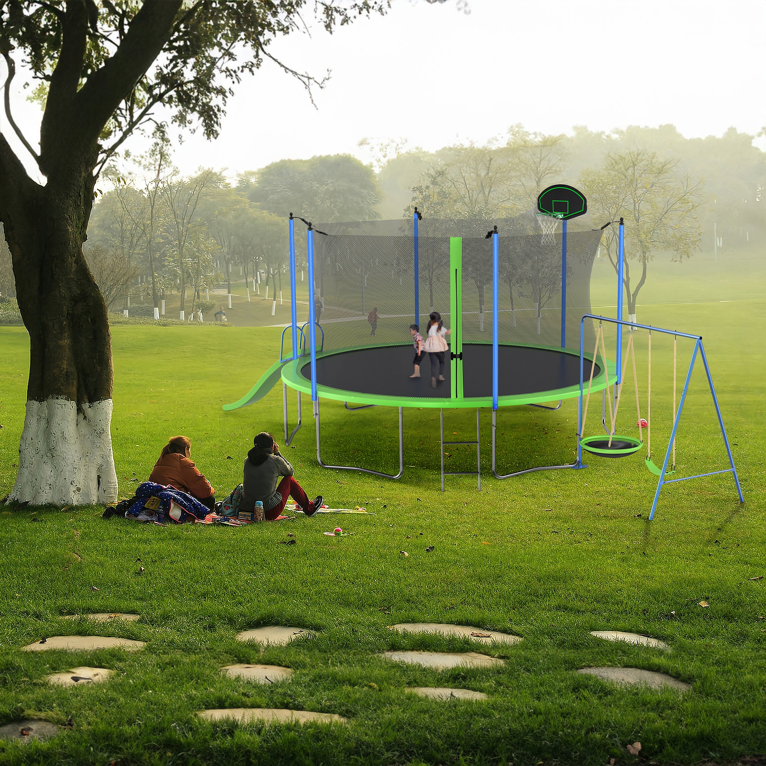 14FT Outdoor Trampoline with Slide, Swings, Basketball Hoop & Ladder - ASTM Approved Large Recreational Trampoline with Safety Net for Kids & Adults - Perfect for Backyard Fun, Family Exercise & Outdoor Play