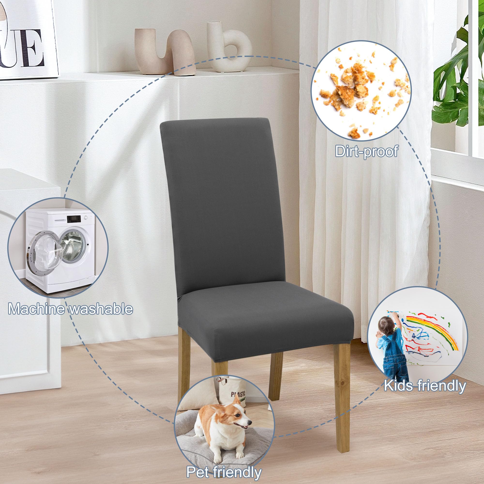 Stretch Washable Dining Chair Covers Set of 6 - Parsons Chair Slipcovers for Kitchen, Home & Restaurant - Protective Gray Fabric Covers for Banquet & Everyday Dining Use