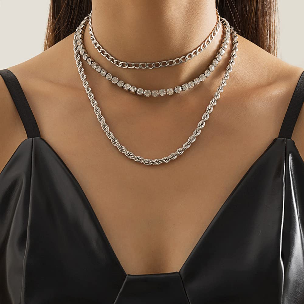 JWICOS Multilayer Rhinestone Choker Necklace - Silver Cuban Link Chain Necklace for Women | Thick Boho Punk Chunky Necklace Jewelry Gift for Girls | Perfect for Parties, Concerts & Date Nights (Silver)
