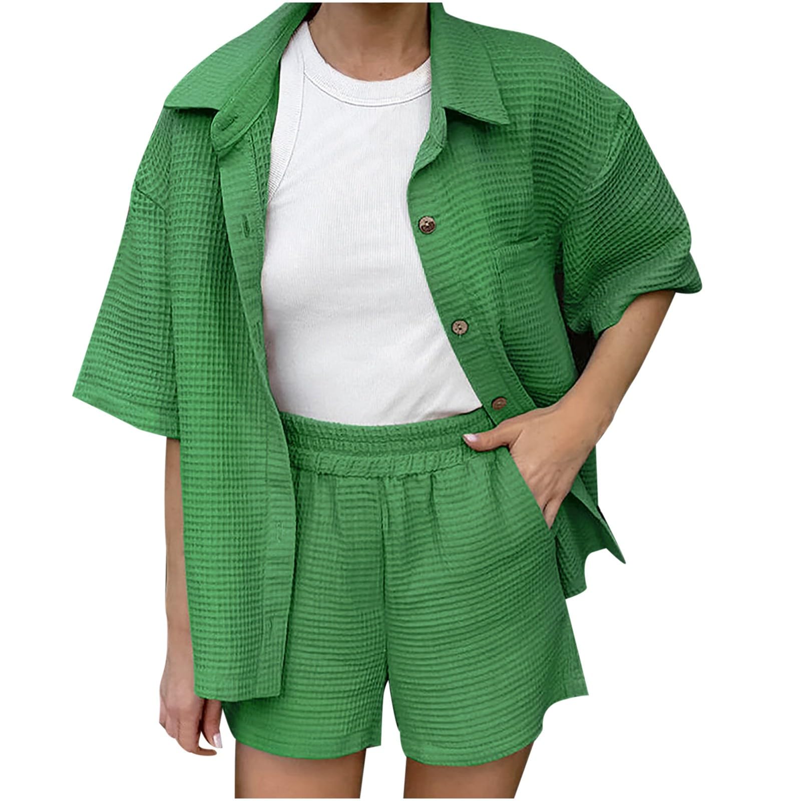 Women's Casual 2-Piece Waffle Knit Outfit Set - Short Sleeve Button Down Top & Elastic Waist Shorts | Comfortable Lounge Wear for Home, Travel & Everyday Outfits