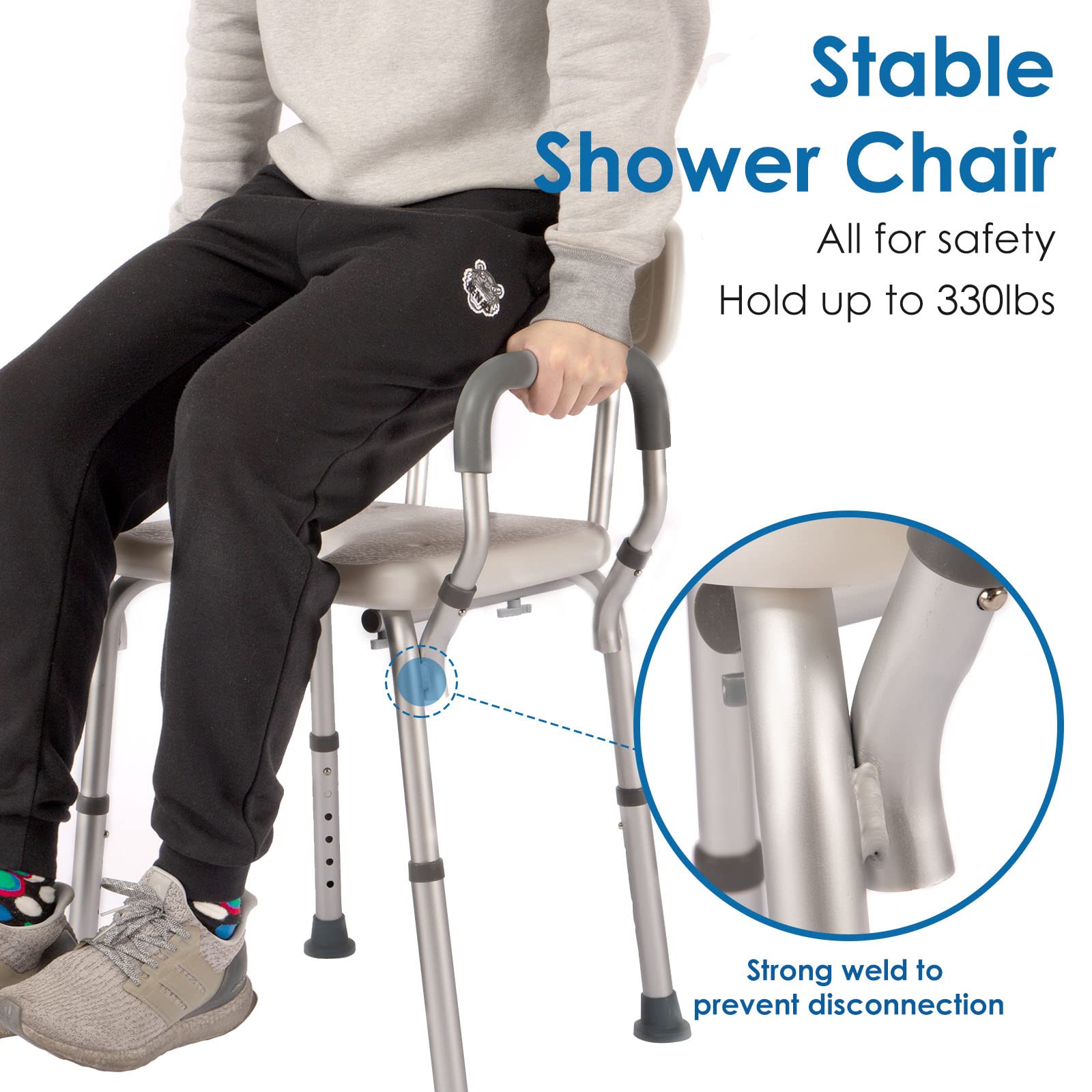 Sturdy Shower Chair with Arms & Back Support - 330lb Weight Capacity, Non-Slip Bath Seat for Elderly & Disabled, Tool-Free Assembly with Cutout Design & Anti-Cold Pads - Ideal for Safe Bathing & Shower Safety