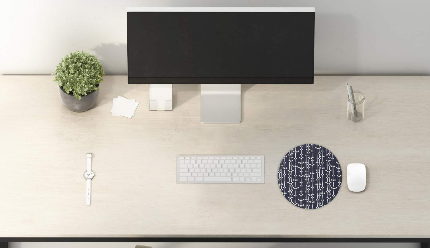 Ambesonne Japanese Vintage Geometric Mouse Pad - 8 Inch Round Non-Slip Thick Rubber Gaming Mouse Mat with Traditional Dotted Pattern in Dark Blue & Cream | Perfect for Computer Work, Gaming & Office Use