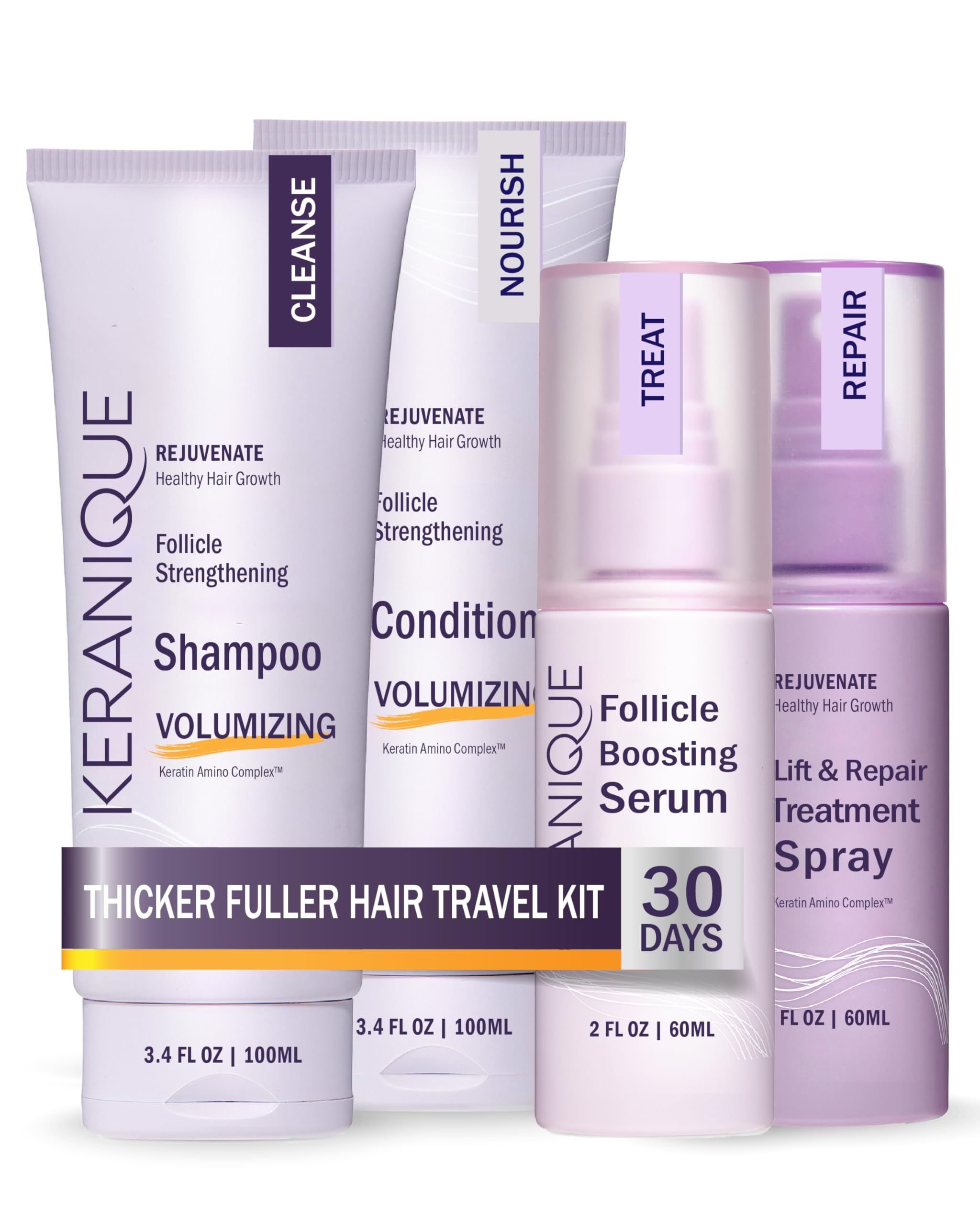 Keranique Hair Growth & Volumizing Set for Thinning Hair - Shampoo, Conditioner, Follicle Booster Serum, Texture Spray & Keratin Repair Treatment | Women's Hair Care for Fine, Thin Hair | Daily Use for Fuller, Healthier Looking Hair