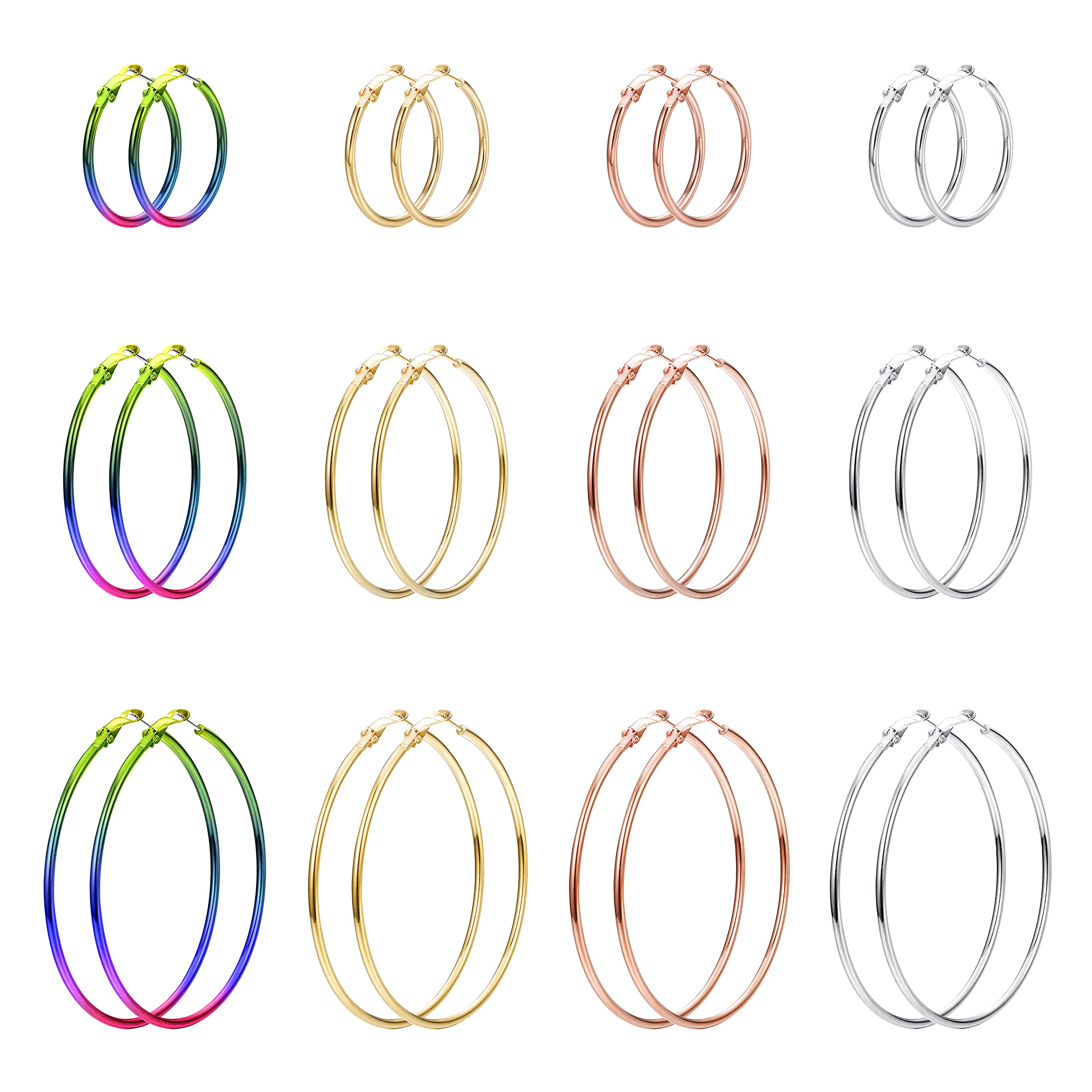 12 Pairs Stainless Steel Hoop Earrings for Women - Small to Large Size (20mm, 40mm, 60mm) - Gold, Silver & Rose Gold Rainbow Round Earrings Set - Hypoallergenic & Tarnish-Free - Perfect for Daily Wear, Parties & Gifts