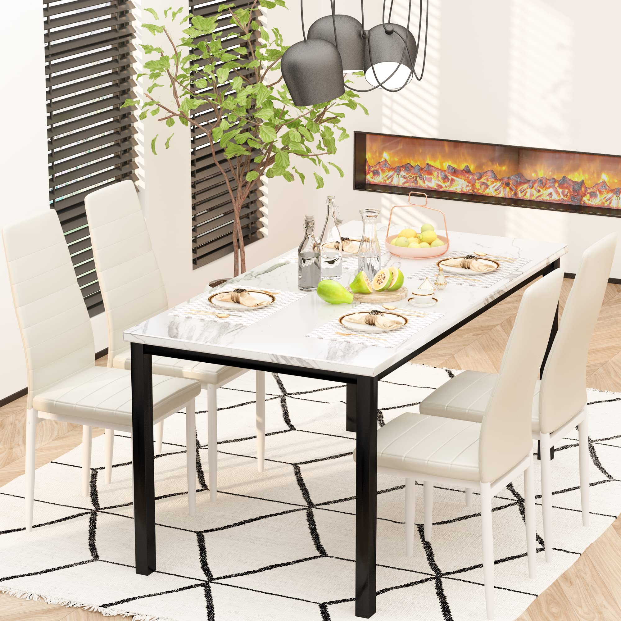 AWQM 5-Piece Dining Table Set for 4 - White Faux Marble Table with 4 PU Leather Chairs - Perfect for Small Spaces, Kitchen, Breakfast Nook & Dining Room - Compact Modern Kitchen Table Set for Apartments & Cozy Homes