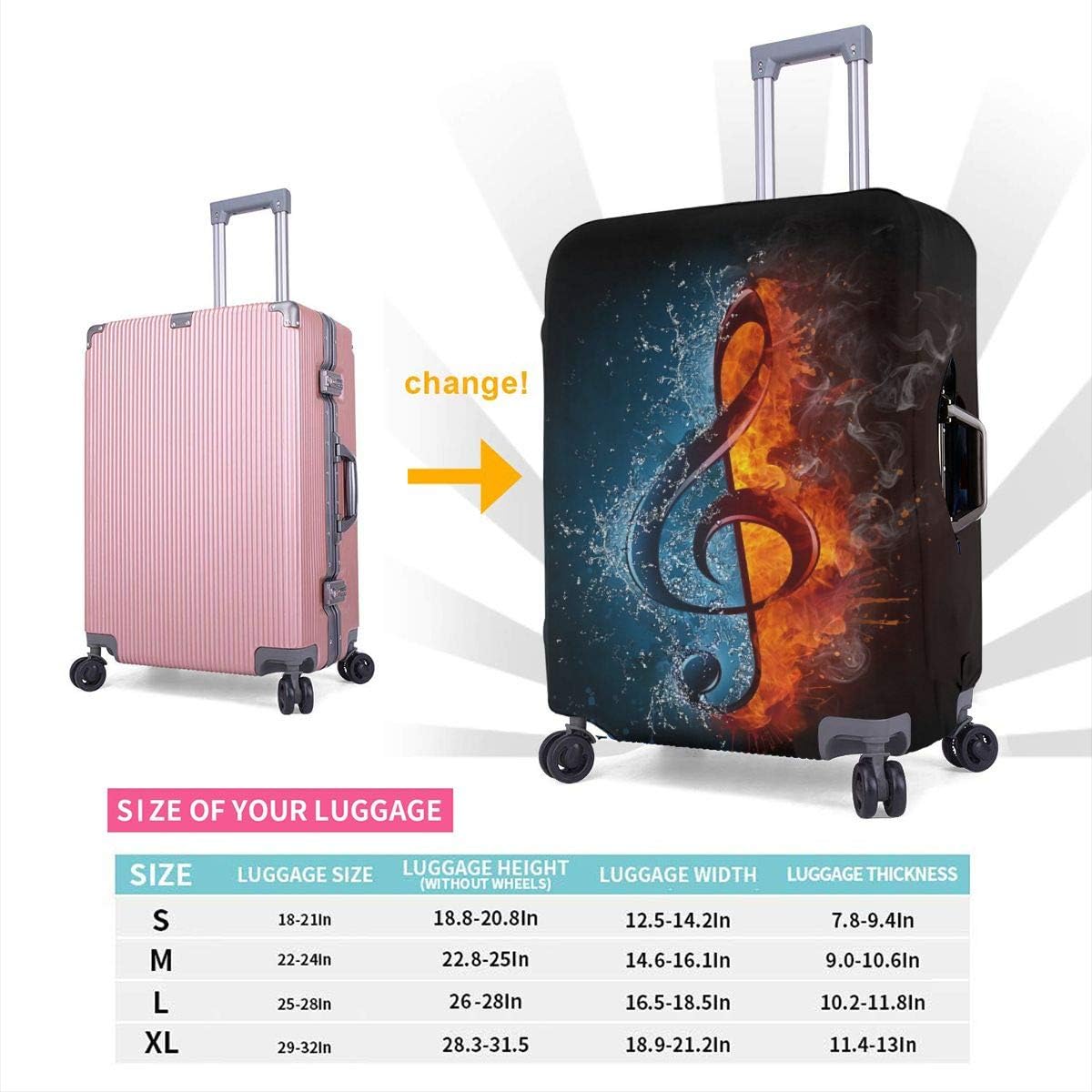 **Foruidea Waterproof Fireproof Luggage Cover with Music Notes Design - Elastic Suitcase Protector for 18-32 Inch Travel Bags (Small Fits 18”-21”) - Washable & Durable for Airplane, Train, and Bus Travel**