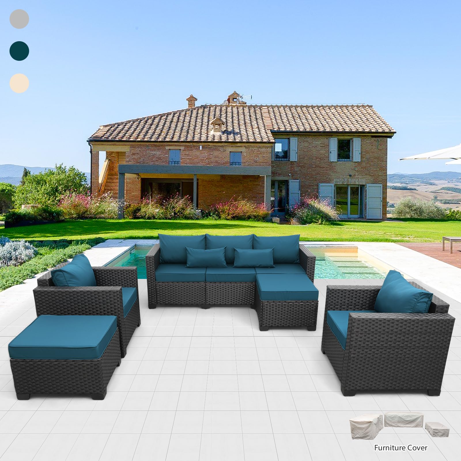 5-Piece Rattan Patio Furniture Set with Anti-Slip Cushions & Waterproof Covers - Outdoor Wicker Sofa, Chairs & Ottoman in Peacock Blue - Perfect for Garden, Poolside & Backyard Relaxation