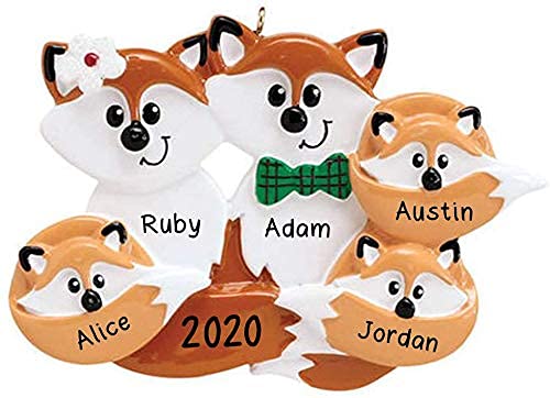 Custom Red Fox Family Christmas Tree Ornament - Personalized Engraved Holiday Decoration for Family of 5 (2023 Collection) | Perfect for Christmas Gifts, Tree Decor & Family Keepsakes