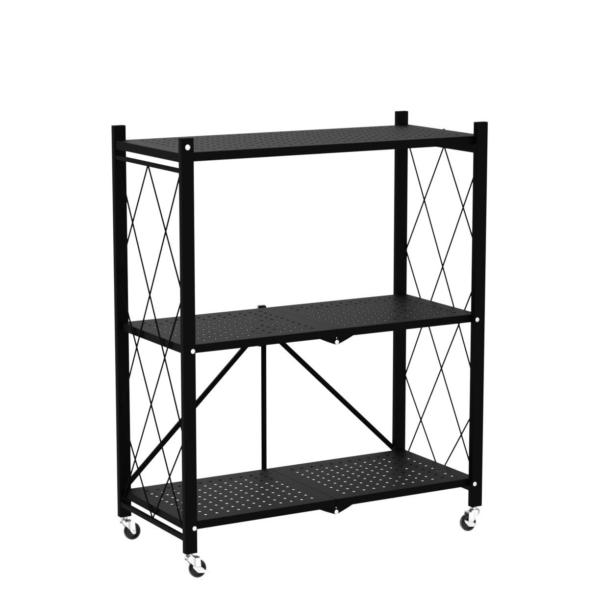 3-Tier Black Metal Storage Shelves with Wheels - No Assembly Bookshelf for Kitchen, Office, Laundry & Garage - Heavy Duty Rolling Utility Rack for Organizing Pantry, Closet, Workshop or Retail Space