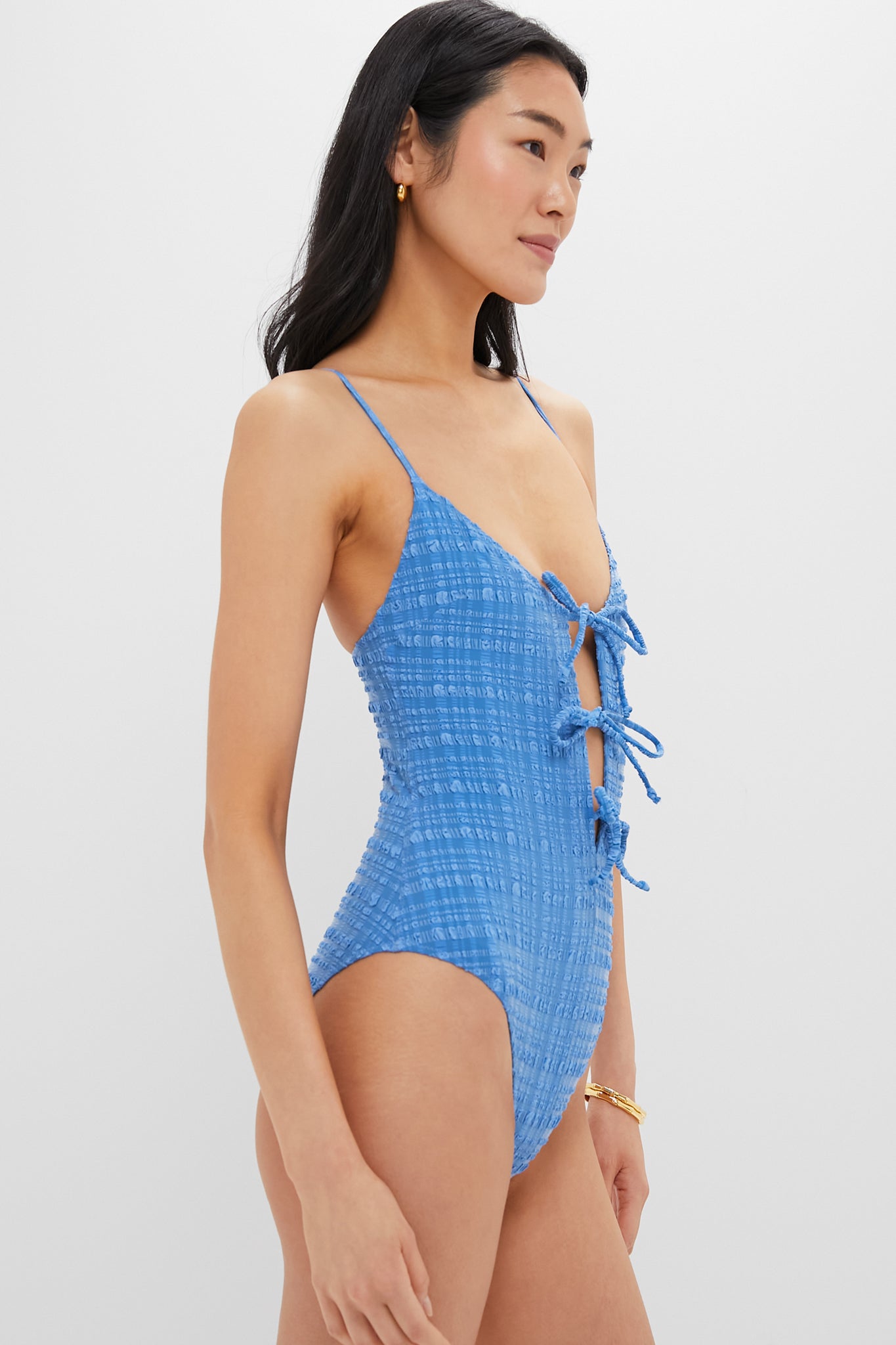 Blue Striped Three Tie Maillot One Piece Swimsuit - Women's Sexy High Cut Bathing Suit for Beach, Pool & Summer Vacations
