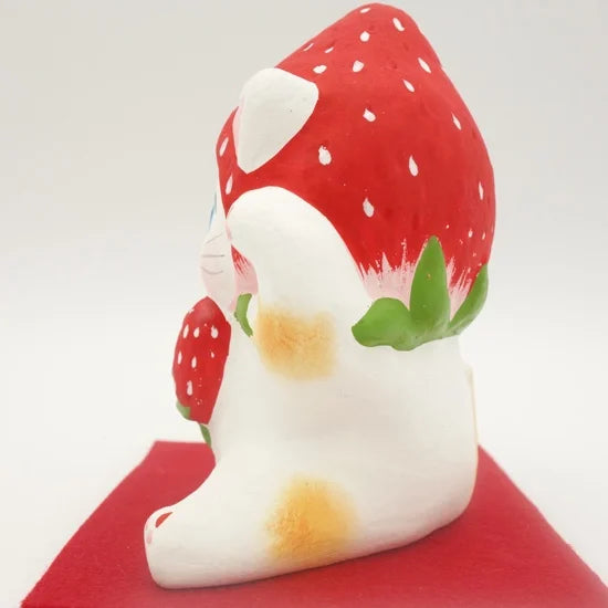 Nagahama Doll Japanese Maneki Neko (Beckoning Cat) Lucky Charm - Strawberry Design, Traditional Japanese Fortune Cat Figurine for Home Decor, Office Feng Shui & Gift Giving