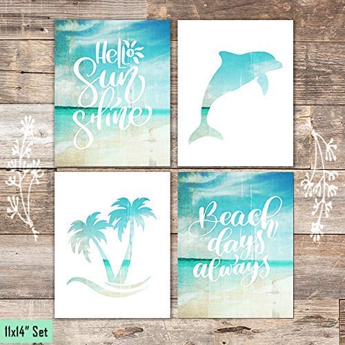 Beach Set Art Prints (Set of 4) - 11x14 Inches Unframed Wall Decor - Coastal Themed Paintings for Home & Office - Perfect for Living Room, Bedroom, Bathroom & Beach House Decor - Bring Ocean Vibes to Your Space