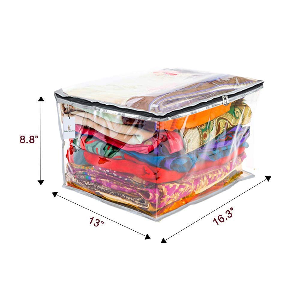 PVC Wardrobe Clothes Organizer - Transparent Storage Bags for Saree, Shirts & Lehenga - Zip Closure Dress Hangers (22cm x 35cm, Pack of 4) - Perfect for Closet Organization, Travel & Seasonal Clothing Storage