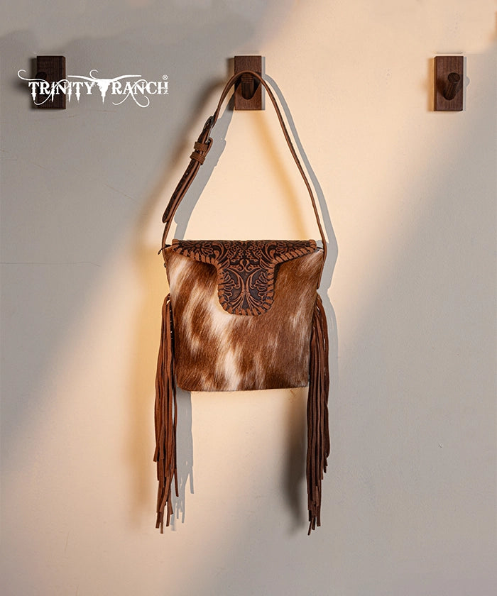 Trinity Ranch Genuine Hair-On Cowhide Tooled Western Shoulder Bag - Perfect for Rodeo, Country Music Festivals & Cowgirl Fashion