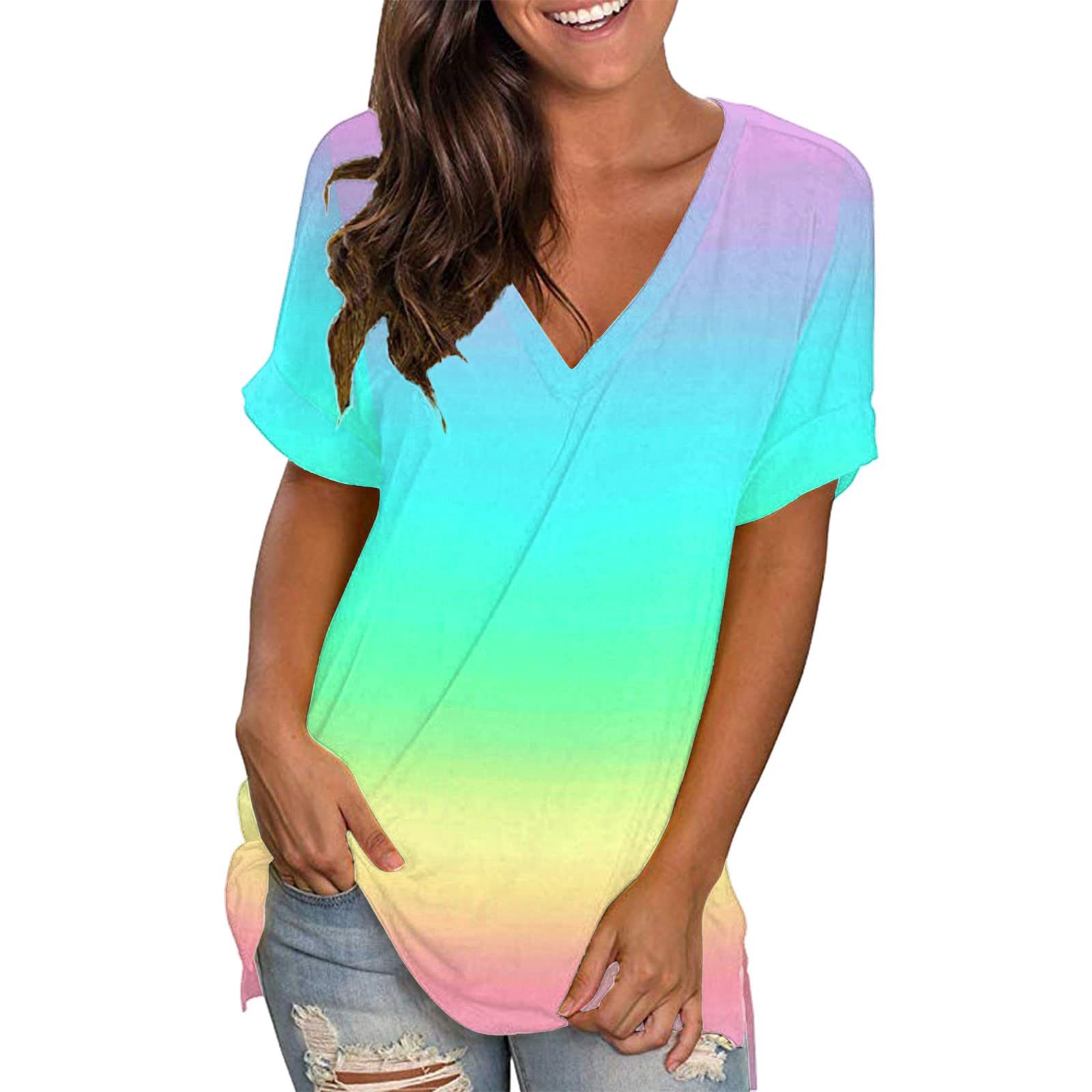 Women's Floral Print V-Neck Short Sleeve T-Shirt - Elegant Side Split Tunic Top for Summer | Casual Wear, Office Outfits & Date Night Dresses