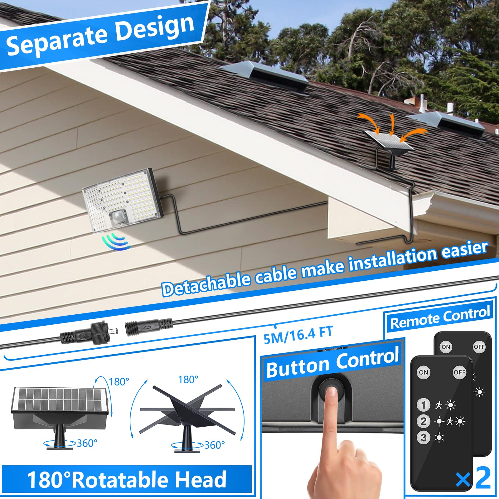 292 LED Solar Flood Lights with Motion Sensor & Remote - 4000LM Dusk to Dawn Security Lights, IP65 Waterproof, 3 Lighting Modes, 16.4FT Cable & Separate Panel - Perfect for Outdoor Yard, Garage, Pathway & Driveway Lighting