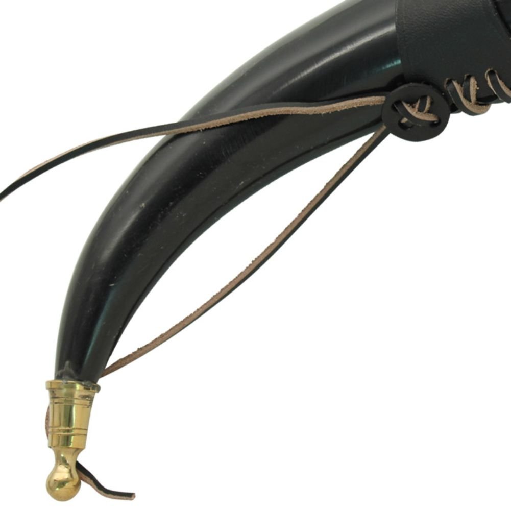 Authentic Medieval Drinking Horn with Brass Accents & Black Leather Holder - Perfect for Viking Themed Parties, Renaissance Fairs & Home Decor