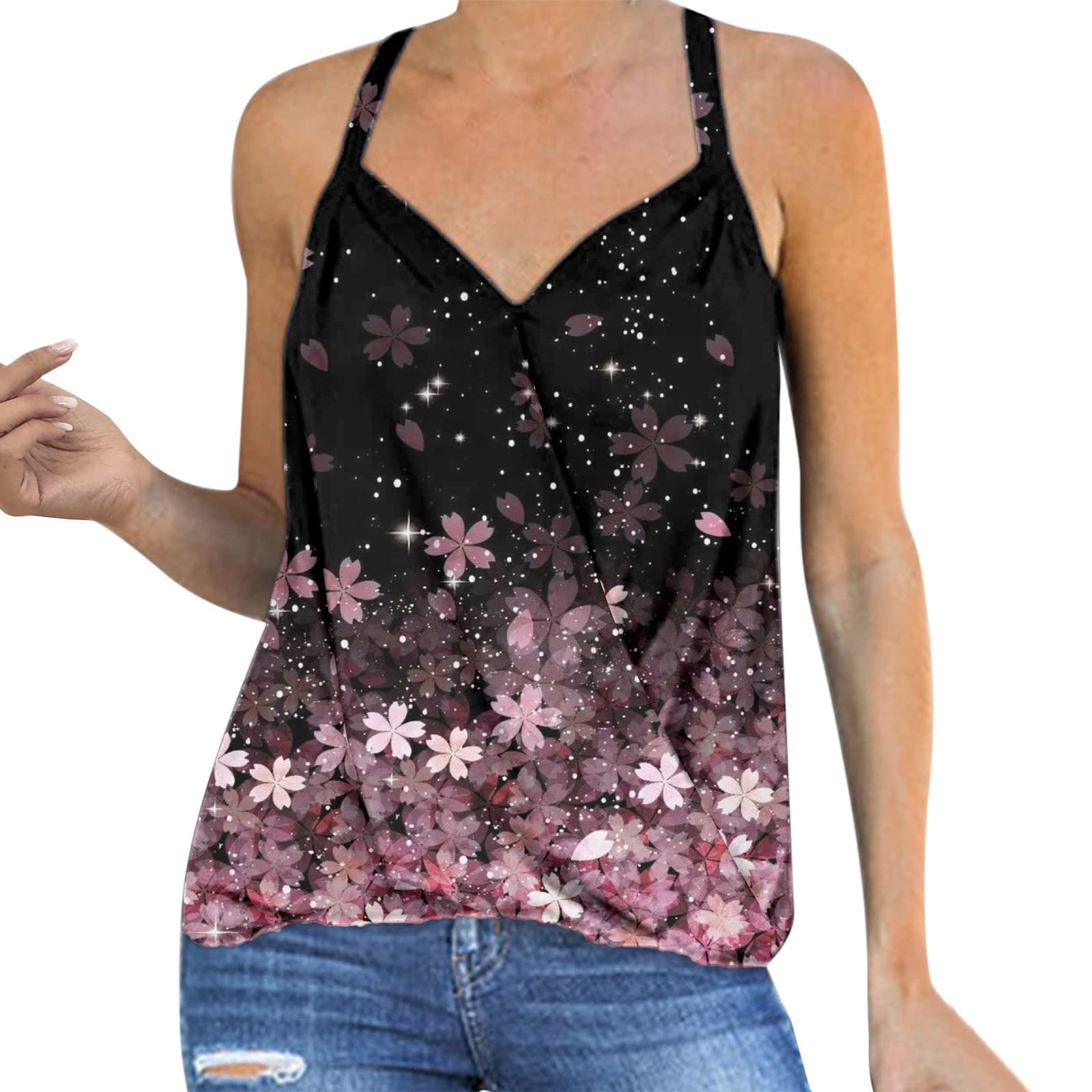 Women's Summer Sleeveless Printed Pleated Tank Top - Loose Fit Casual Blouse & Flare Tunic for Beach, Vacation & Everyday Wear