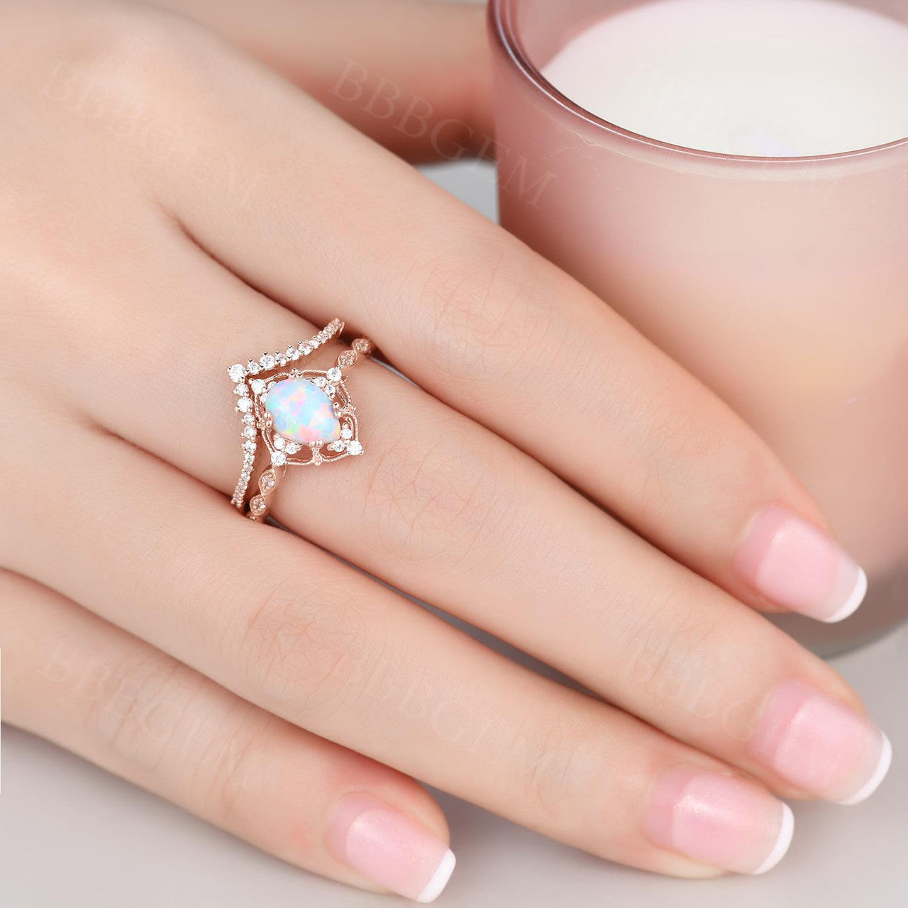 Vintage White Opal Engagement Ring Set - 14K Rose Gold Wedding Band for Women, Bridal Anniversary Jewelry Gift (Perfect for Proposals, Weddings & Romantic Occasions)
