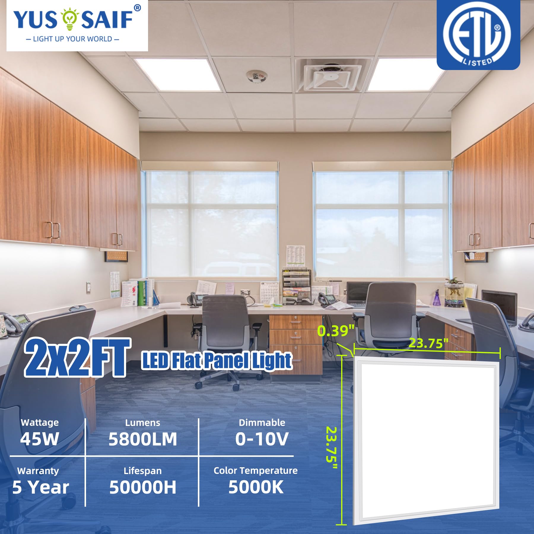 4 Pack 2x2 LED Flat Panel Lights - 45W 5800LM Dimmable Drop Ceiling Fixtures, 5000K Daylight White, Edge-Lit Recessed Troffer for Office & Commercial Spaces - ETL Certified - Perfect for Offices, Schools, and Retail Stores