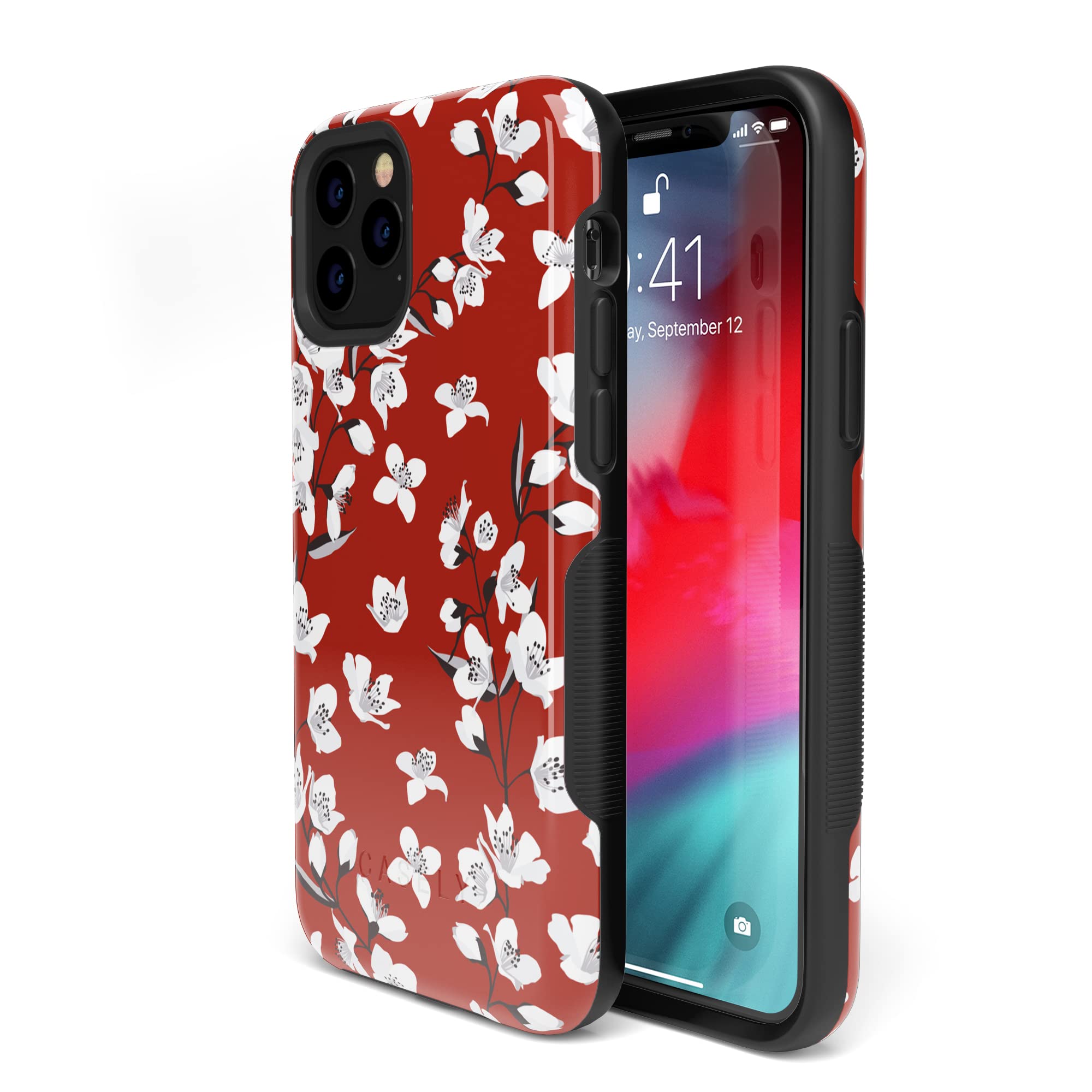 Casely iPhone 11 Pro Max Case - Red Cherry Blossom Floral Design Protective Cover | Slim Fit, Shockproof & Scratch-Resistant | Perfect for Everyday Use, Travel & Outdoor Activities