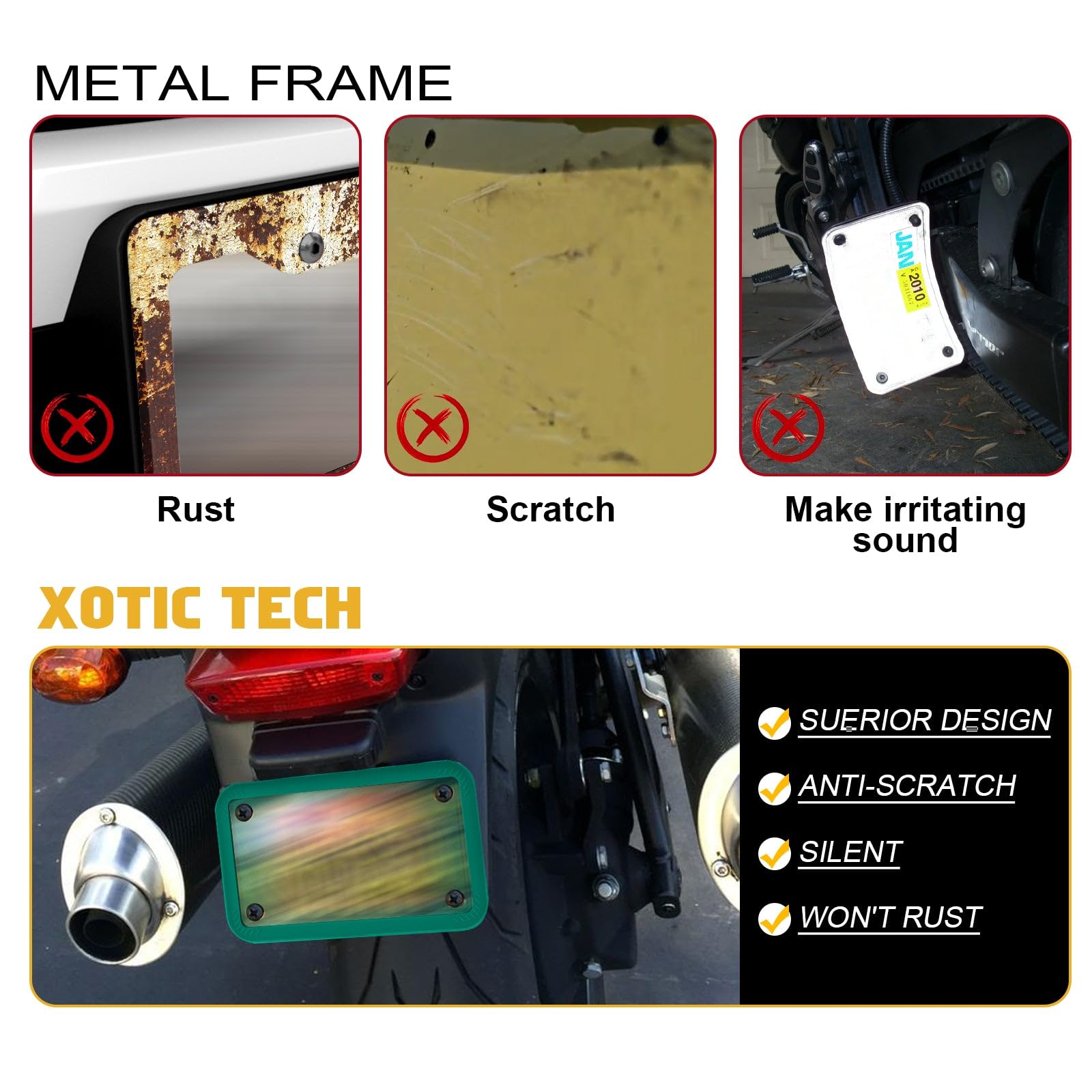 Xotic Tech Motorcycle Silicone License Plate Frame - Durable Motorbike License Plate Holder - Rust Proof, Rattle Proof & Weather Resistant (Green, 7.56