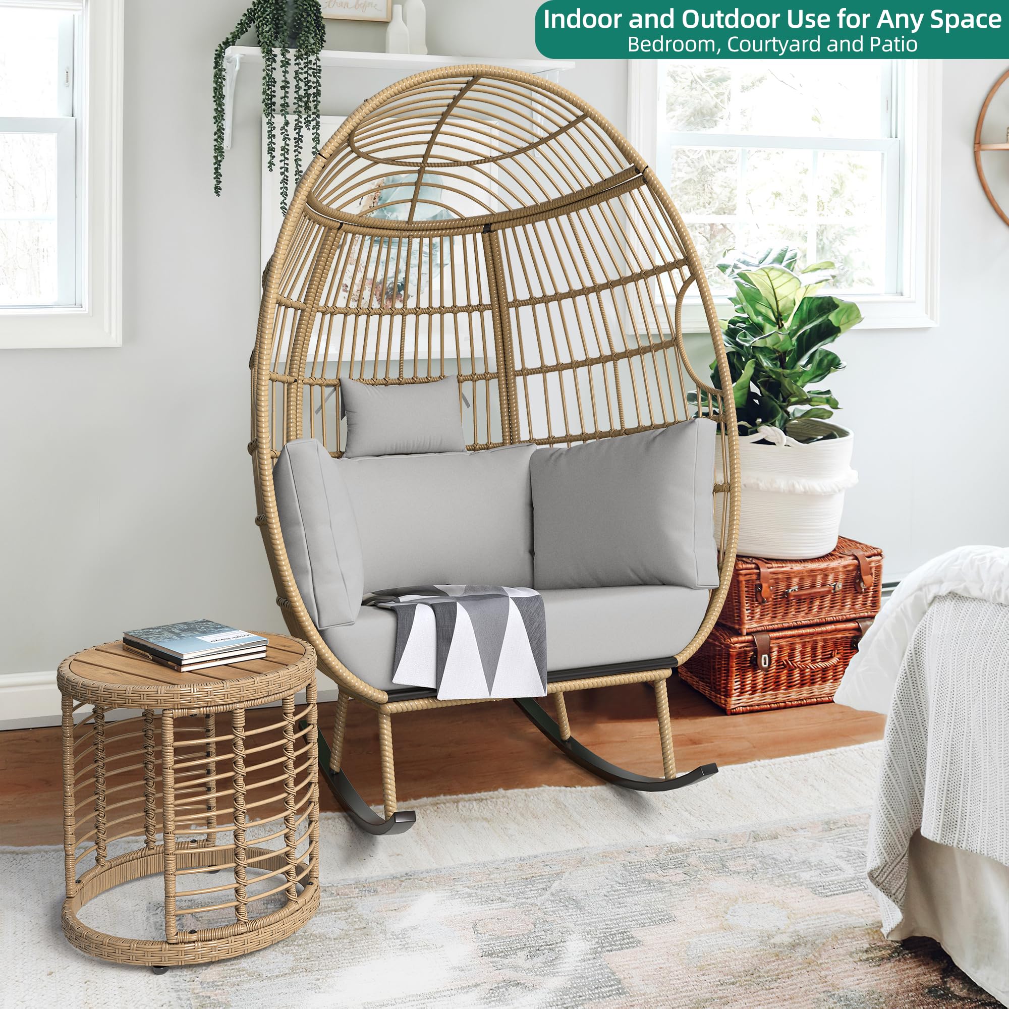 YITAHOME Grey Wicker Egg Chair for Outdoor Patio - Hanging Rocking Egg Chair with Stand - Perfect for Garden, Backyard, Balcony & Poolside Relaxation