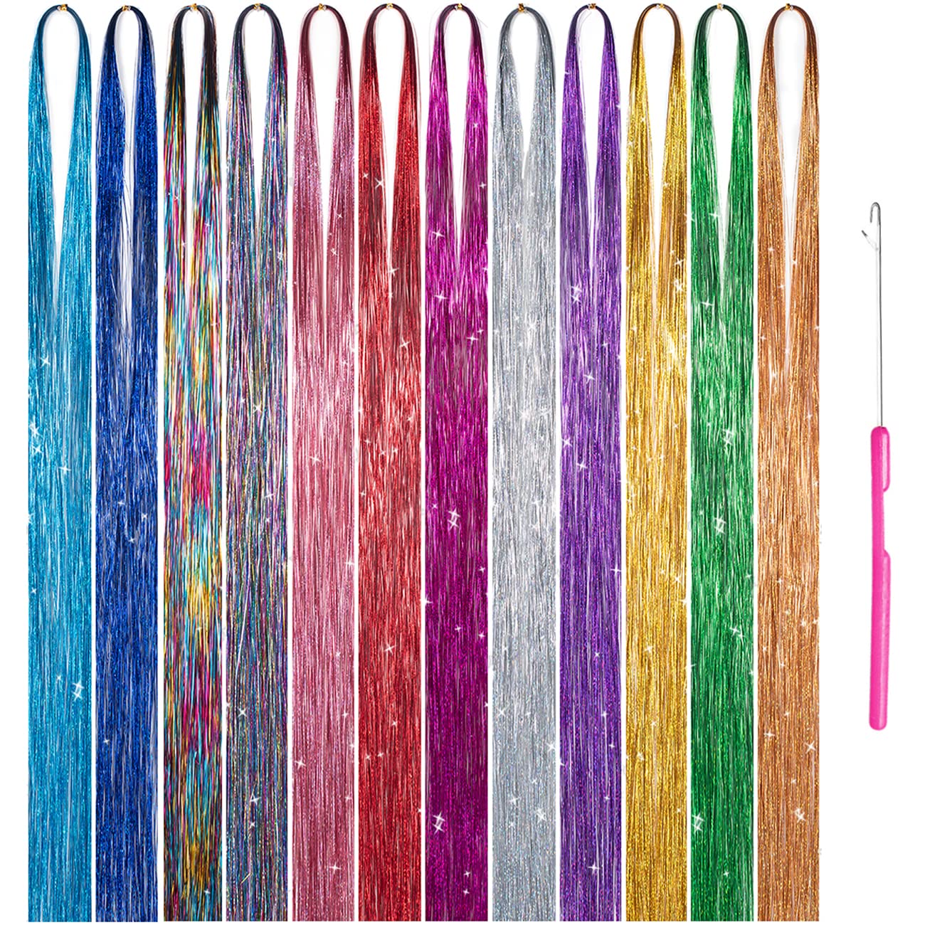 12 Colors Hair Tinsel Kit with Tool - 3000 Strands Shiny Fairy Hair Extensions for Glitter Party Highlights, Multi-Colors Hair Tinsel (45