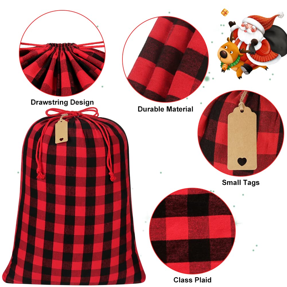 YQL Buffalo Plaid Drawstring Gift Bags - 2Pcs Large Soft Flannel Reusable Christmas Holiday Party Favor Bags for Gifts, Birthdays & Festive Celebrations | Perfect for Wrapping Presents, Stocking Stuffers & Seasonal Decorations