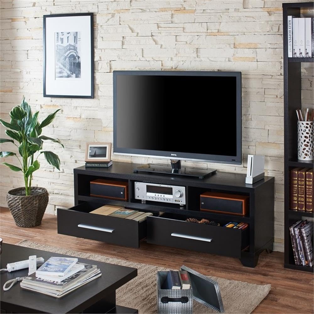Furniture of America Porcardo 60-Inch Black Wood TV Stand with 2 Drawers - Perfect for Living Room, Bedroom & Home Entertainment Storage