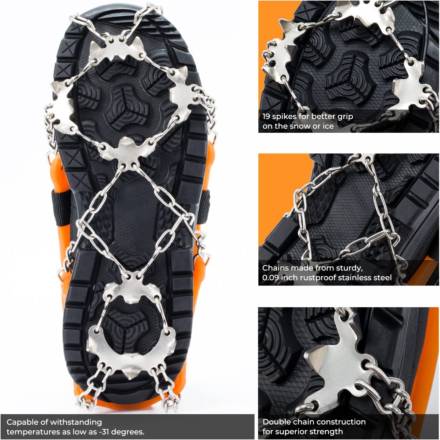 Sportneer 19-Spike Stainless Steel Ice Cleats for Boots & Shoes - Traction Grips for Snow, Ice, Hiking, Jogging, Climbing & Fishing - Ideal for Men & Women Outdoor Adventures
