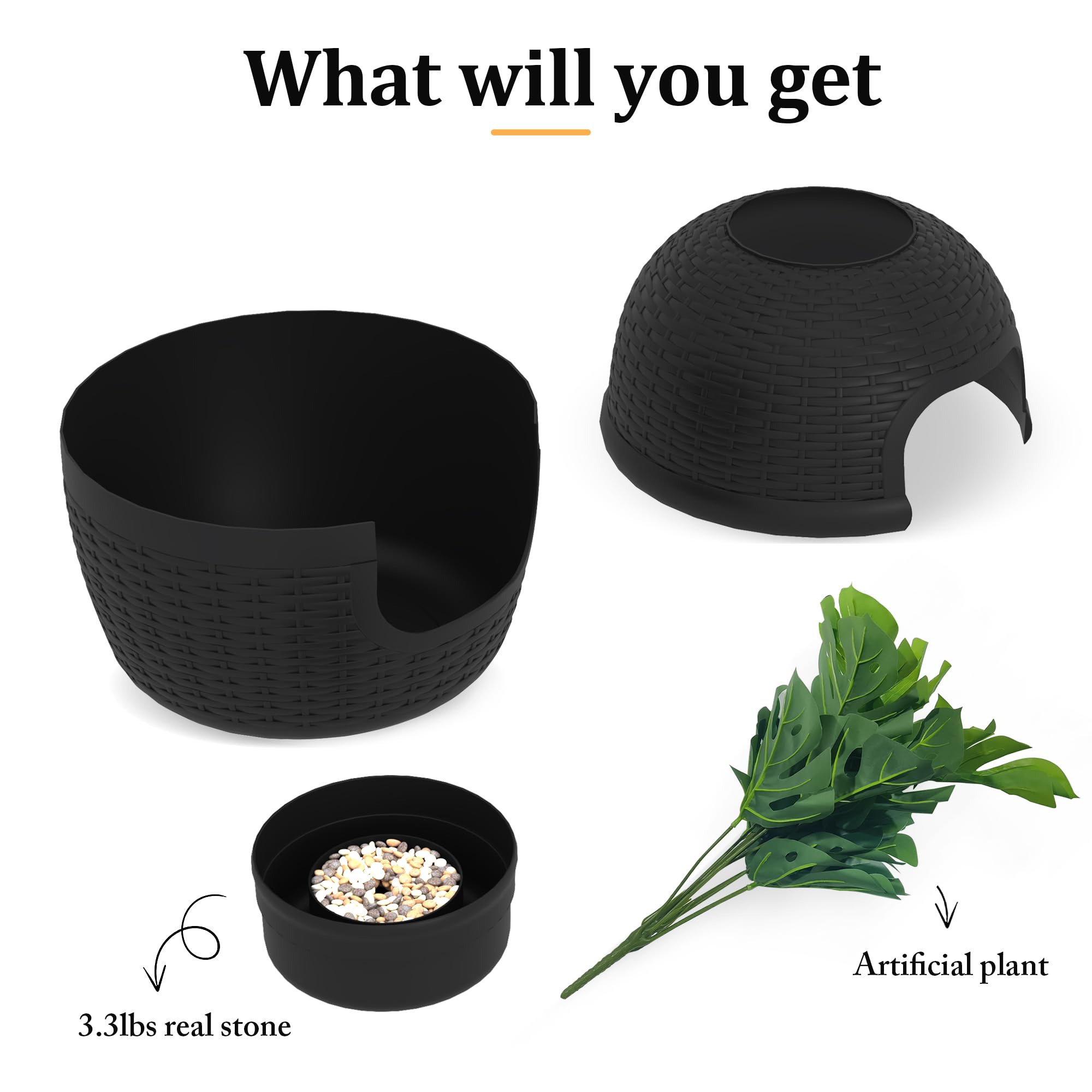 Hidden Cat Litter Box with Faux Plant - Large Rattan Pattern Litter Box Enclosure - Durable PP Material Pet Furniture for Home Decor (Black) - Perfect for Small Spaces & Discreet Cat Litter Solutions