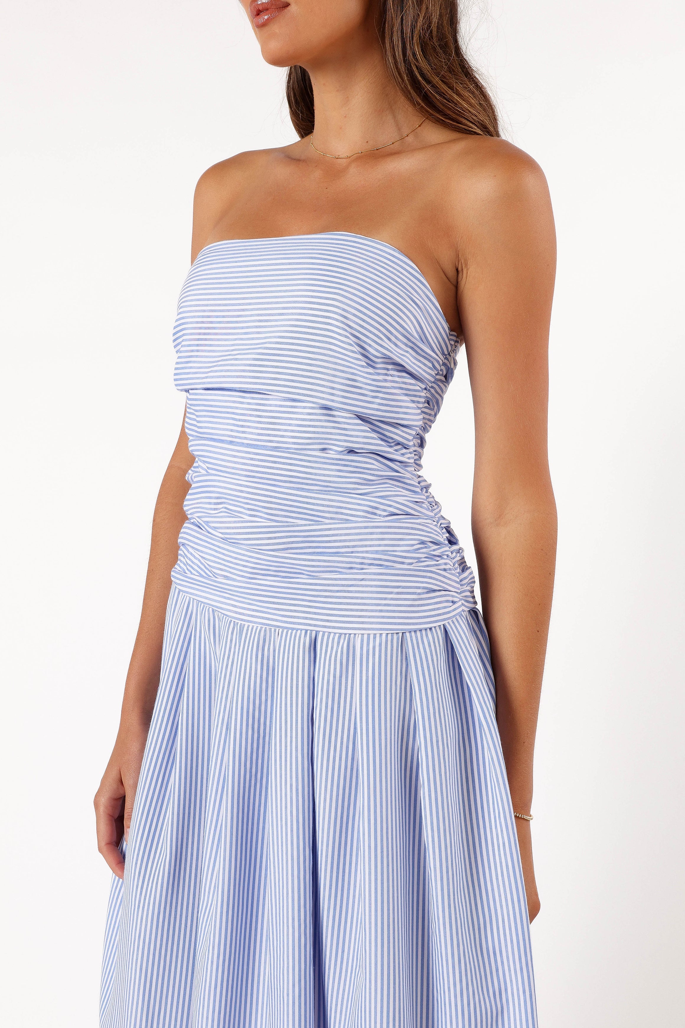 Avalee Strapless Maxi Dress - Blue Stripe Floral Summer Beach Dress for Women | Perfect for Vacations, Weddings & Outdoor Parties