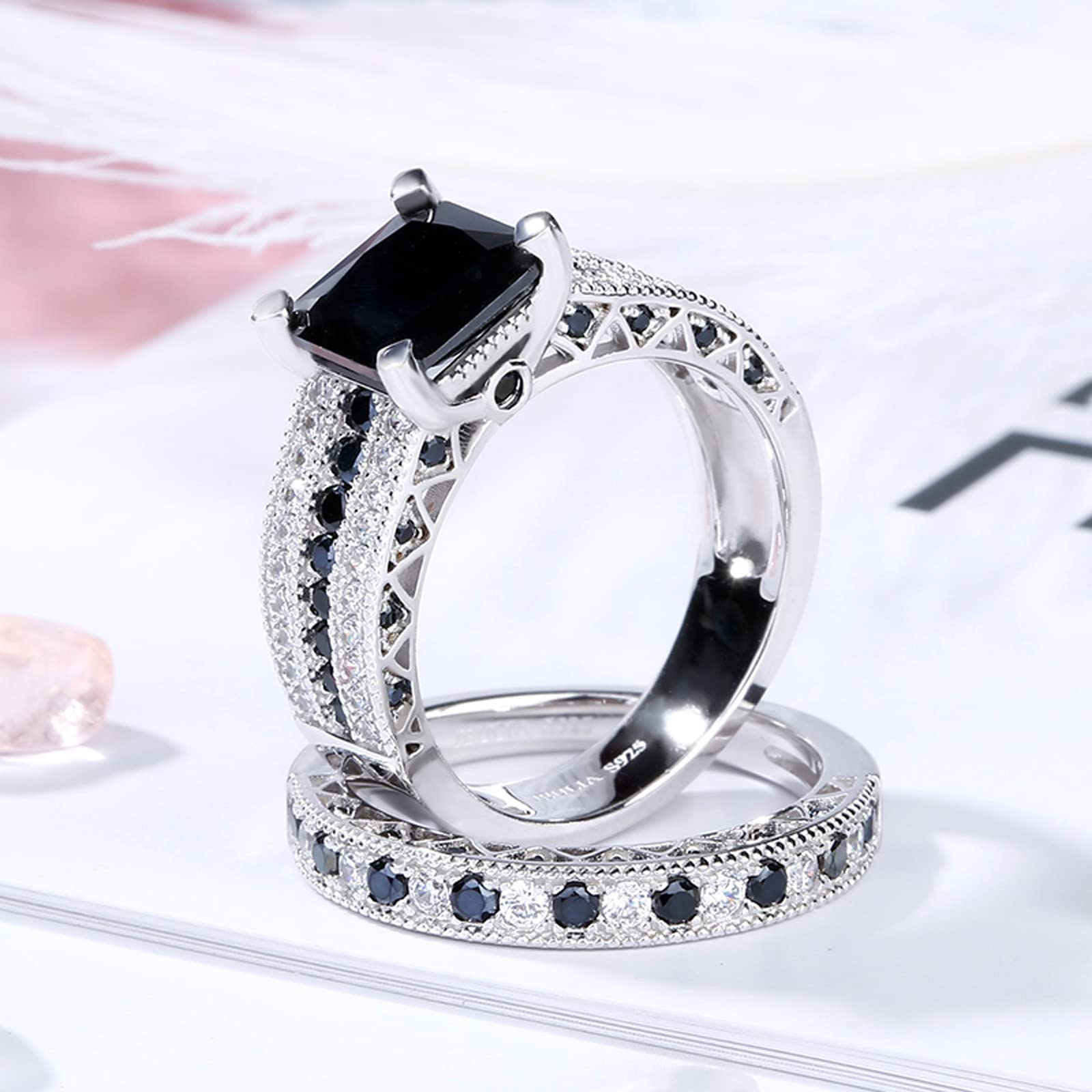 Jeulia 3.6 Carat Princess Cut Sterling Silver Black Stone Wedding Ring Set - Anniversary, Valentine's Day Gift for Wife & Girlfriend with Jewelry Box - Perfect for Proposals, Engagements & Romantic Occasions