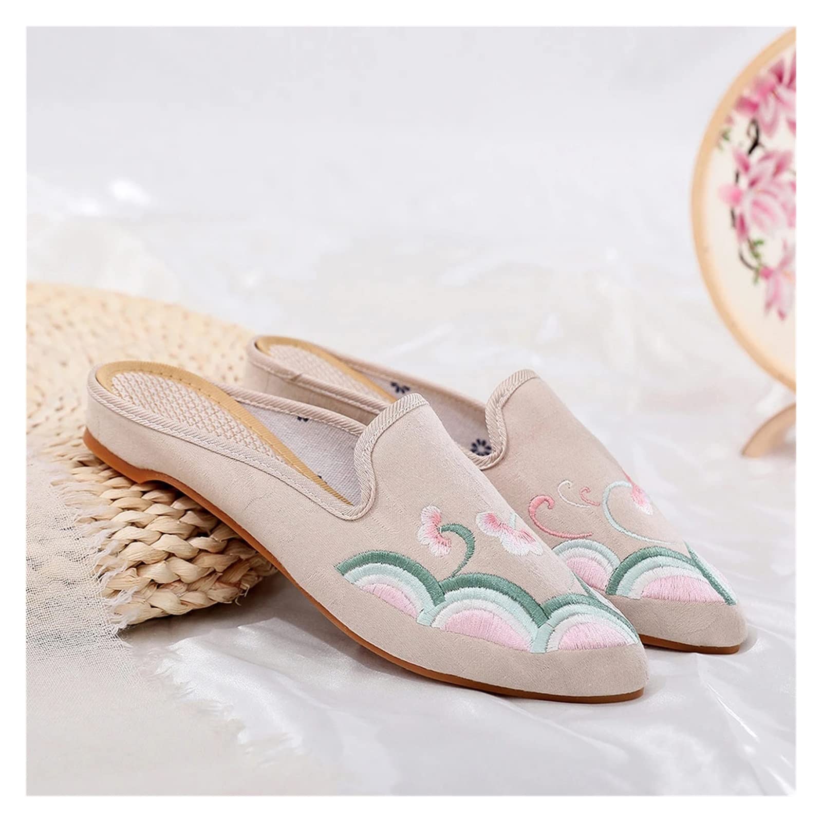 Women's Handmade Embroidered Cotton Slippers - Comfortable Pointed Toe Casual Flats for Home & Lounge (Color: Blue, Size 38) | Perfect for Relaxing, Spa Days & Cozy Indoor Wear