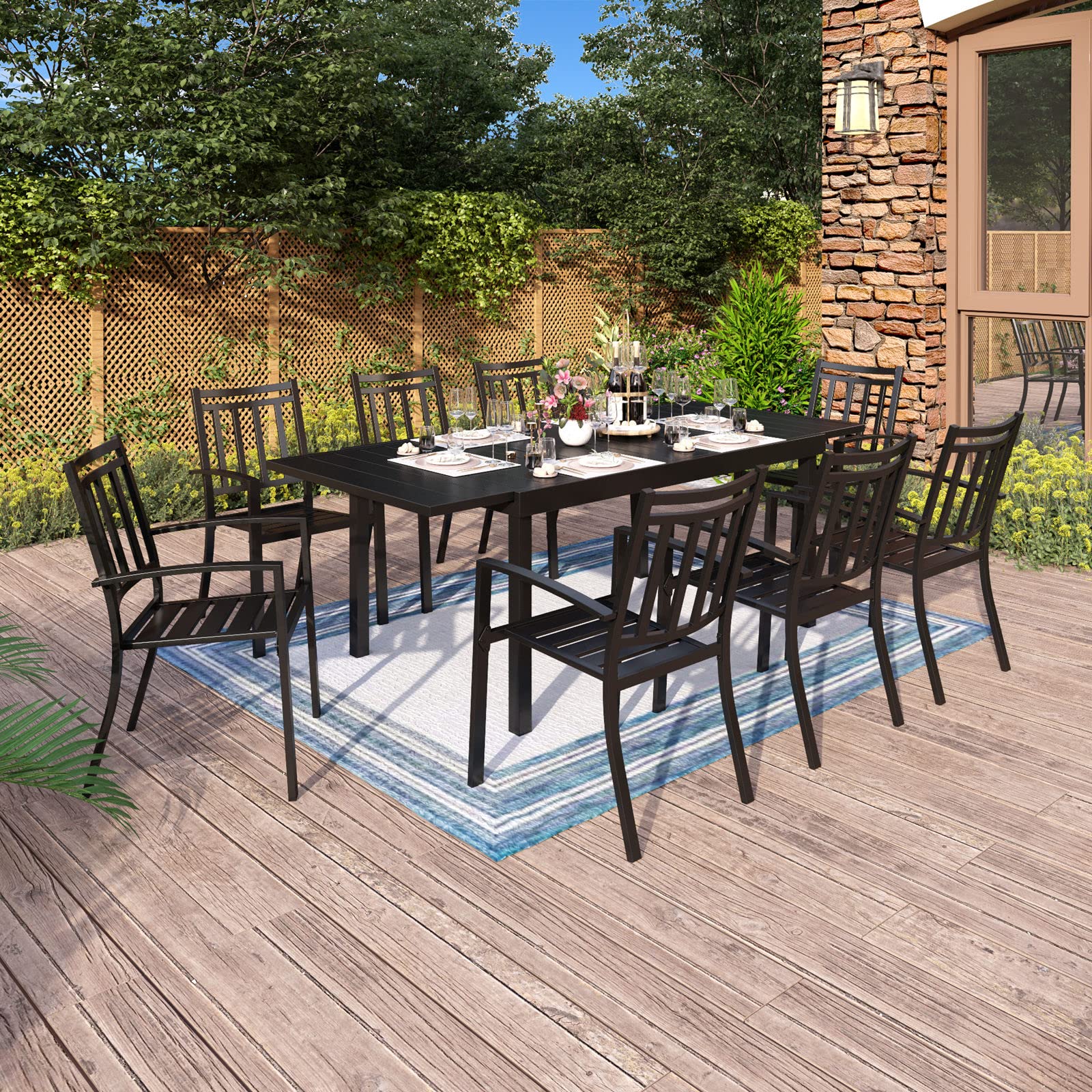 MFSTUDIO 9-Piece Outdoor Patio Dining Set - 8 Stackable Metal Armchairs & 1 Square Table - Durable Garden Furniture for Backyard, Lawn, Poolside & BBQ Parties