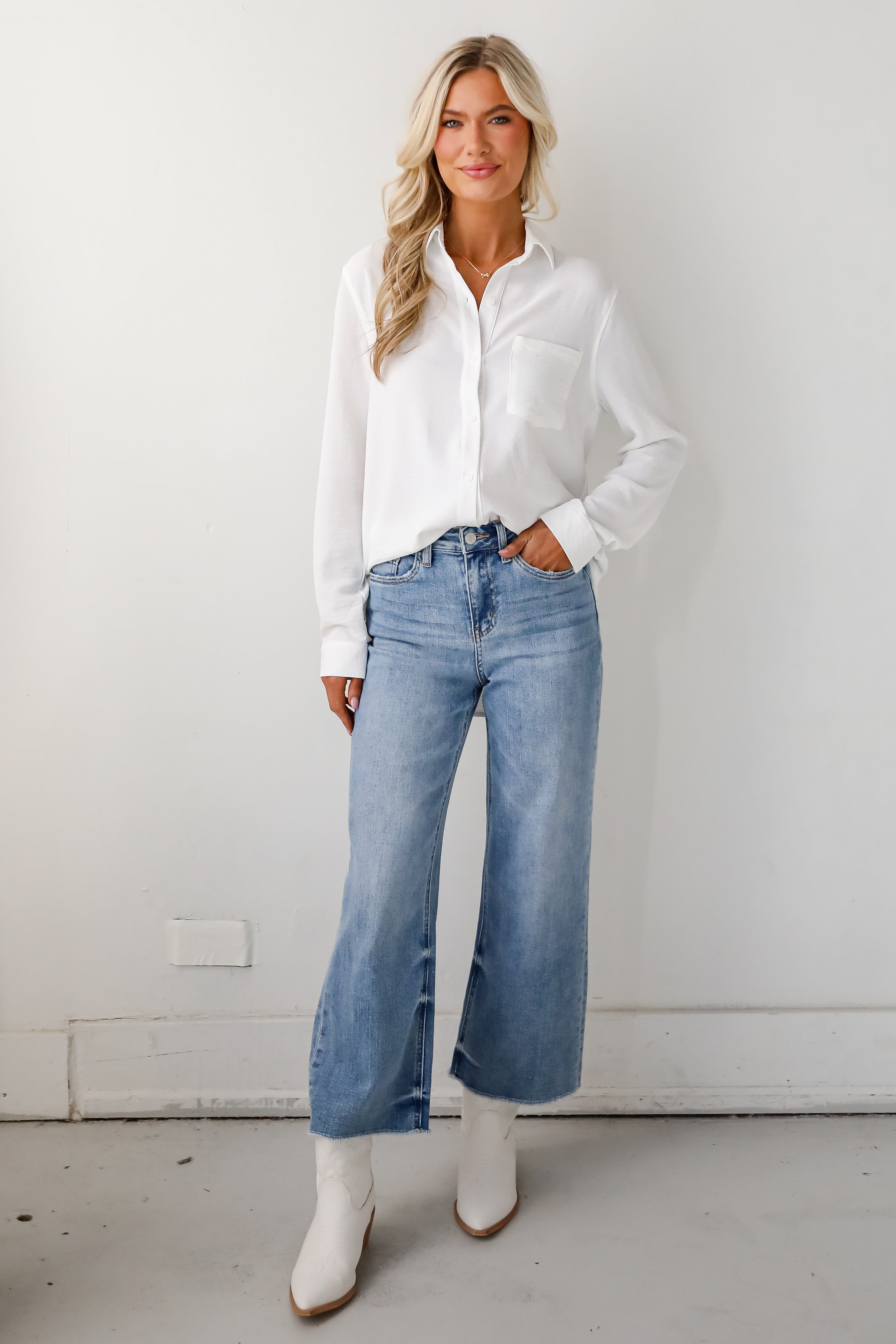 Abigail Medium Wash High Rise Wide Leg Jeans for Women - Comfortable Stretch Denim Pants for Casual Wear & Everyday Outfits